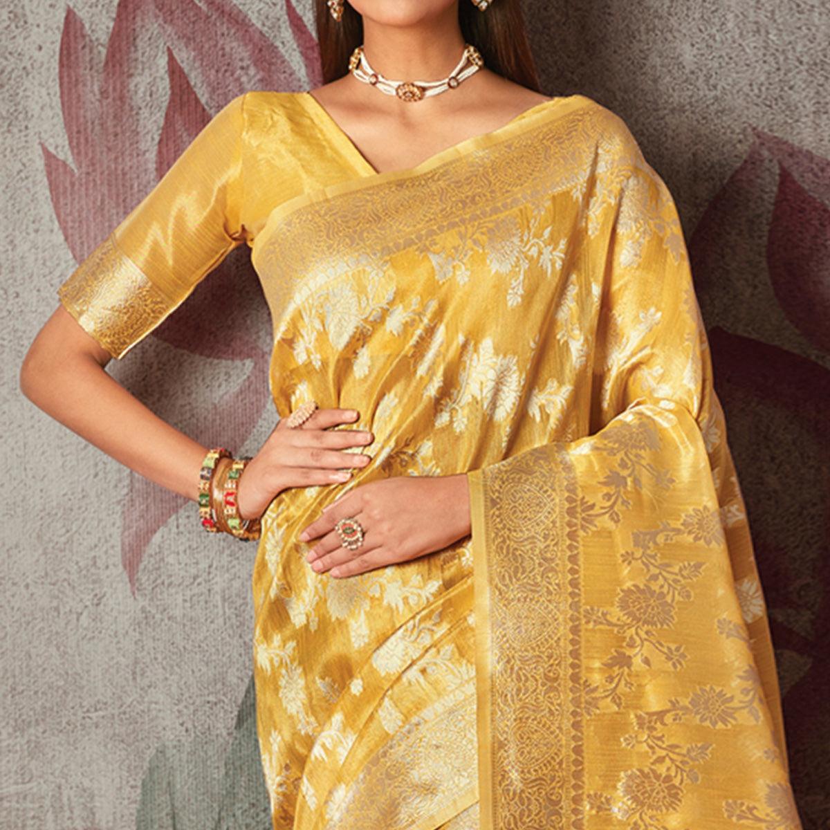 Yellow Woven Art Silk Saree With Tassels - Peachmode