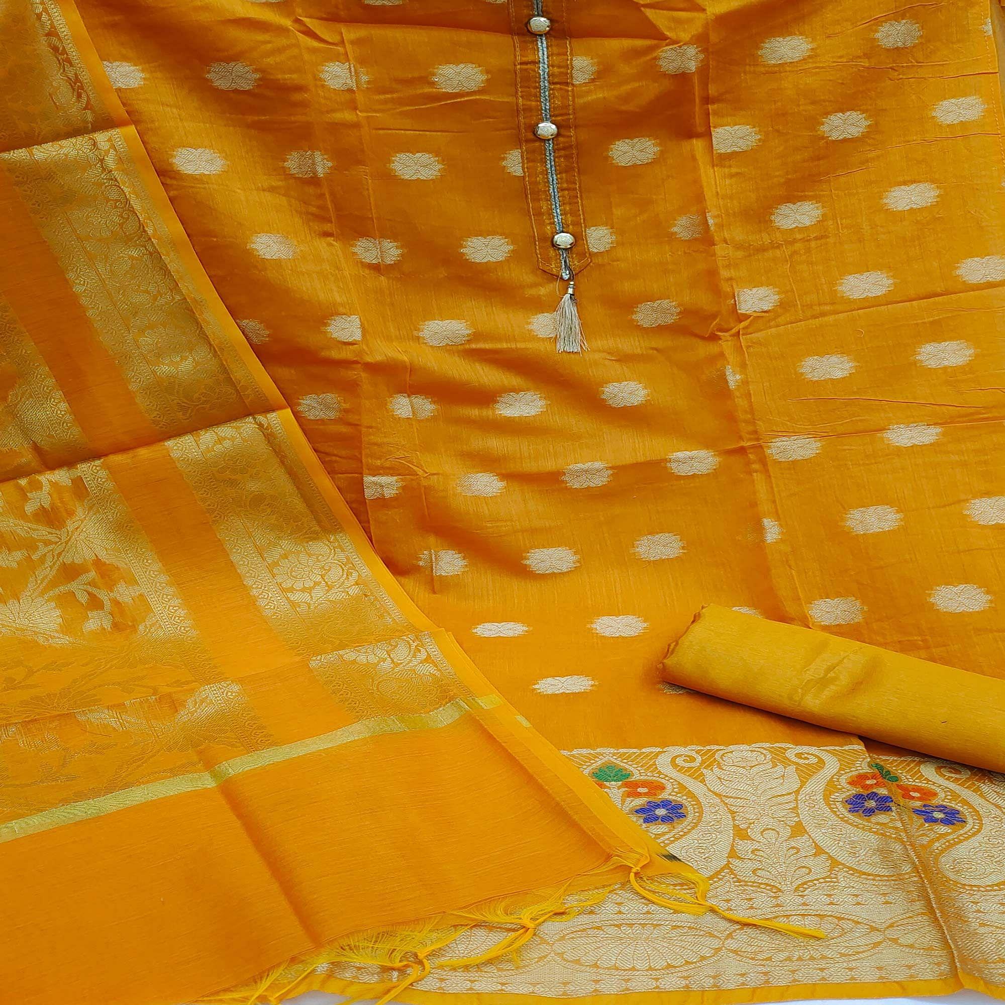 Yellow Woven Banarasi Dress Material - Peachmode