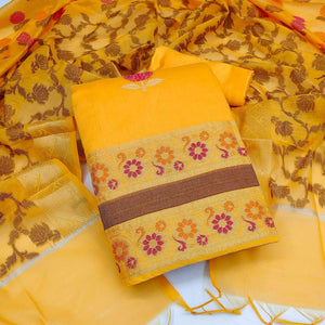 Yellow Woven Banarasi Jacqaurd Dress Material - Peachmode