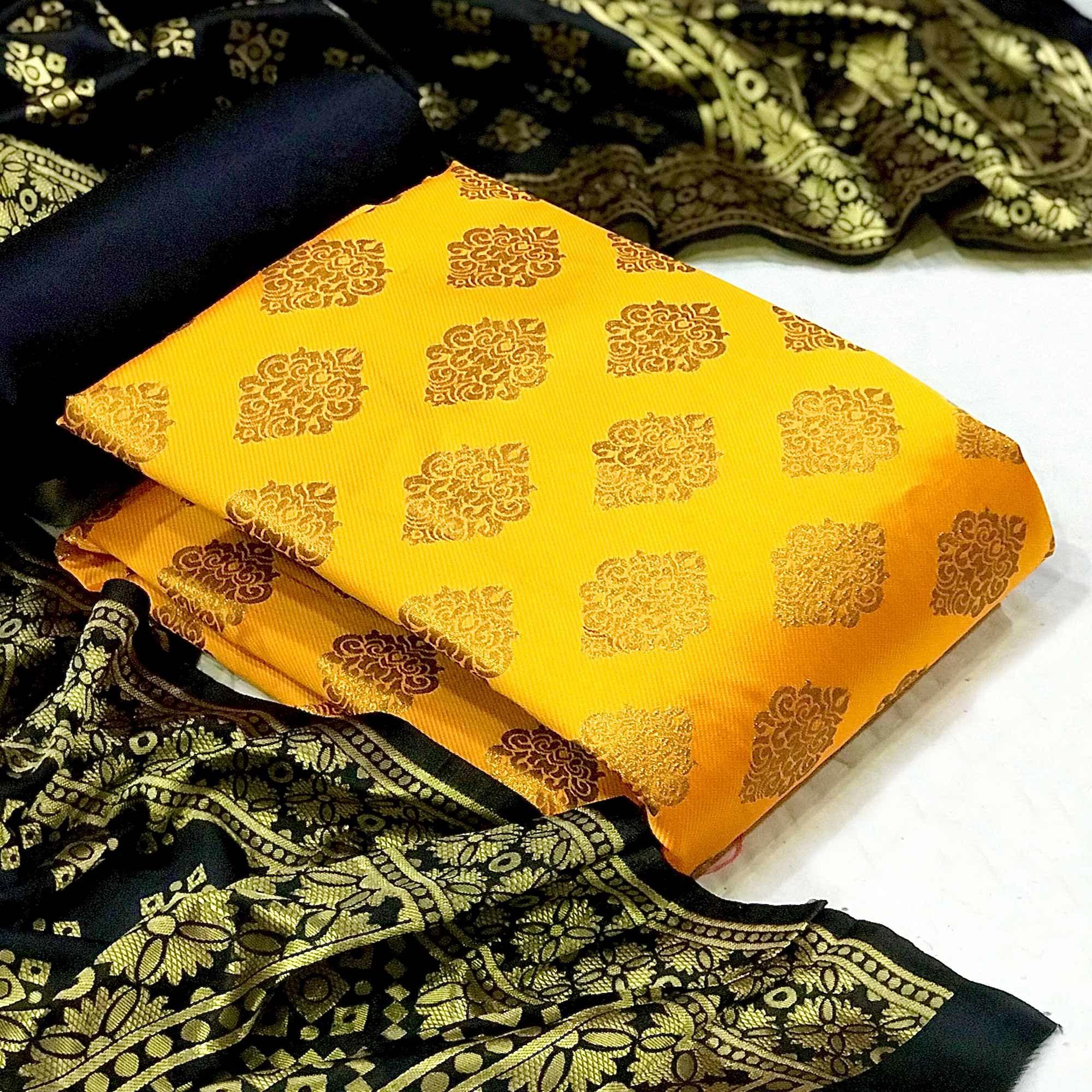 Yellow Woven Banarasi Silk Dress Material - Peachmode