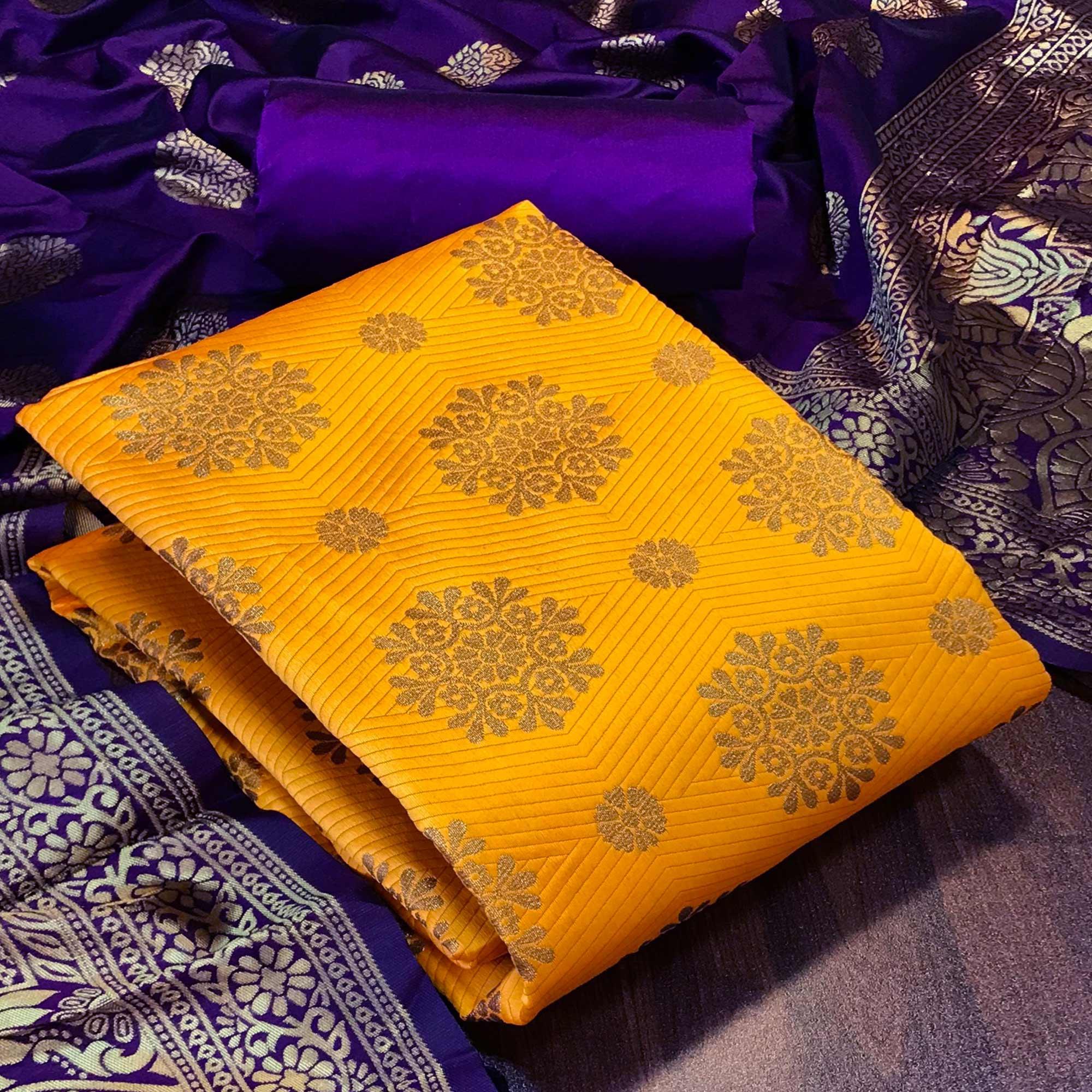 Yellow Woven Banarasi Silk Dress Material - Peachmode