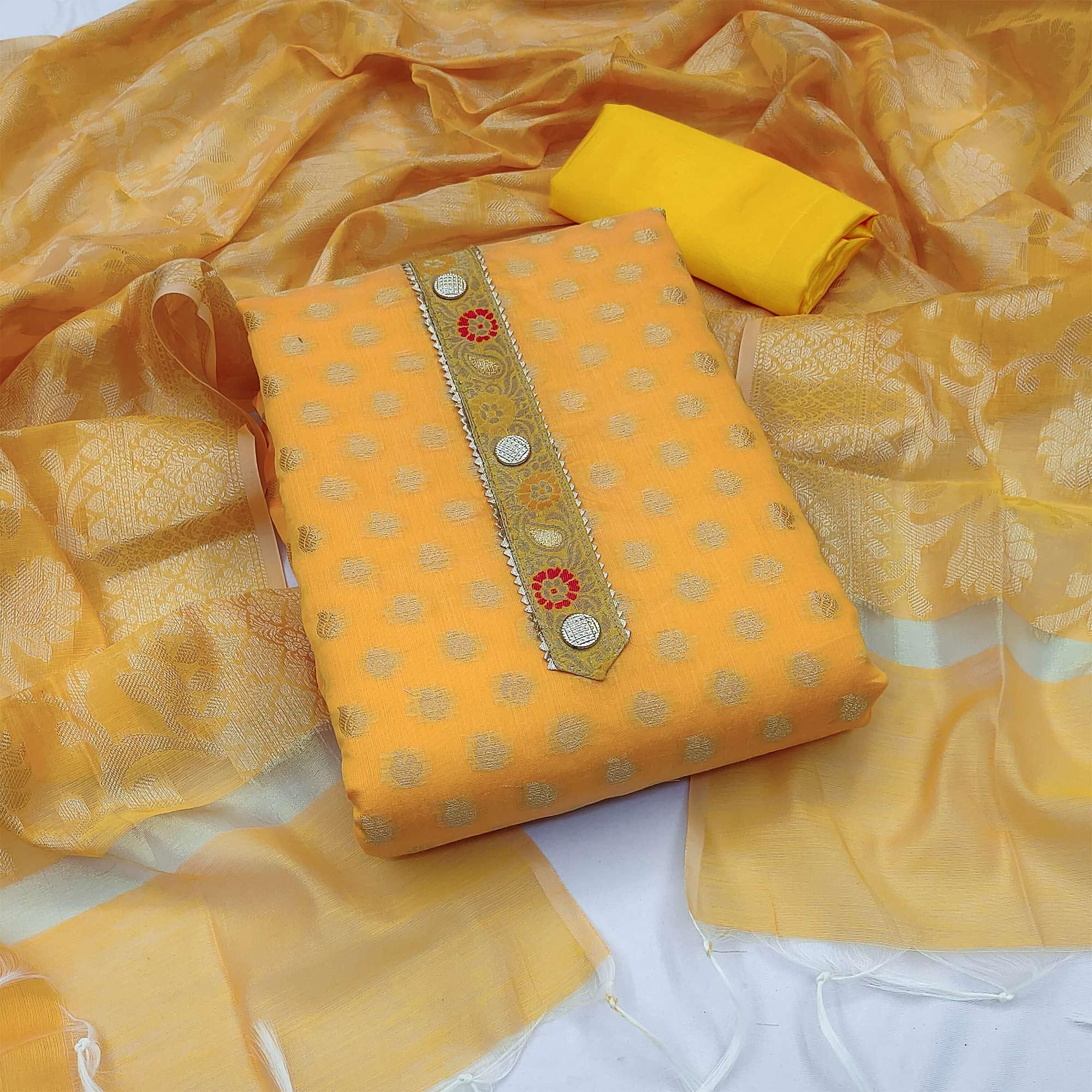 Yellow Woven Banarasi Silk Dress Material - Peachmode