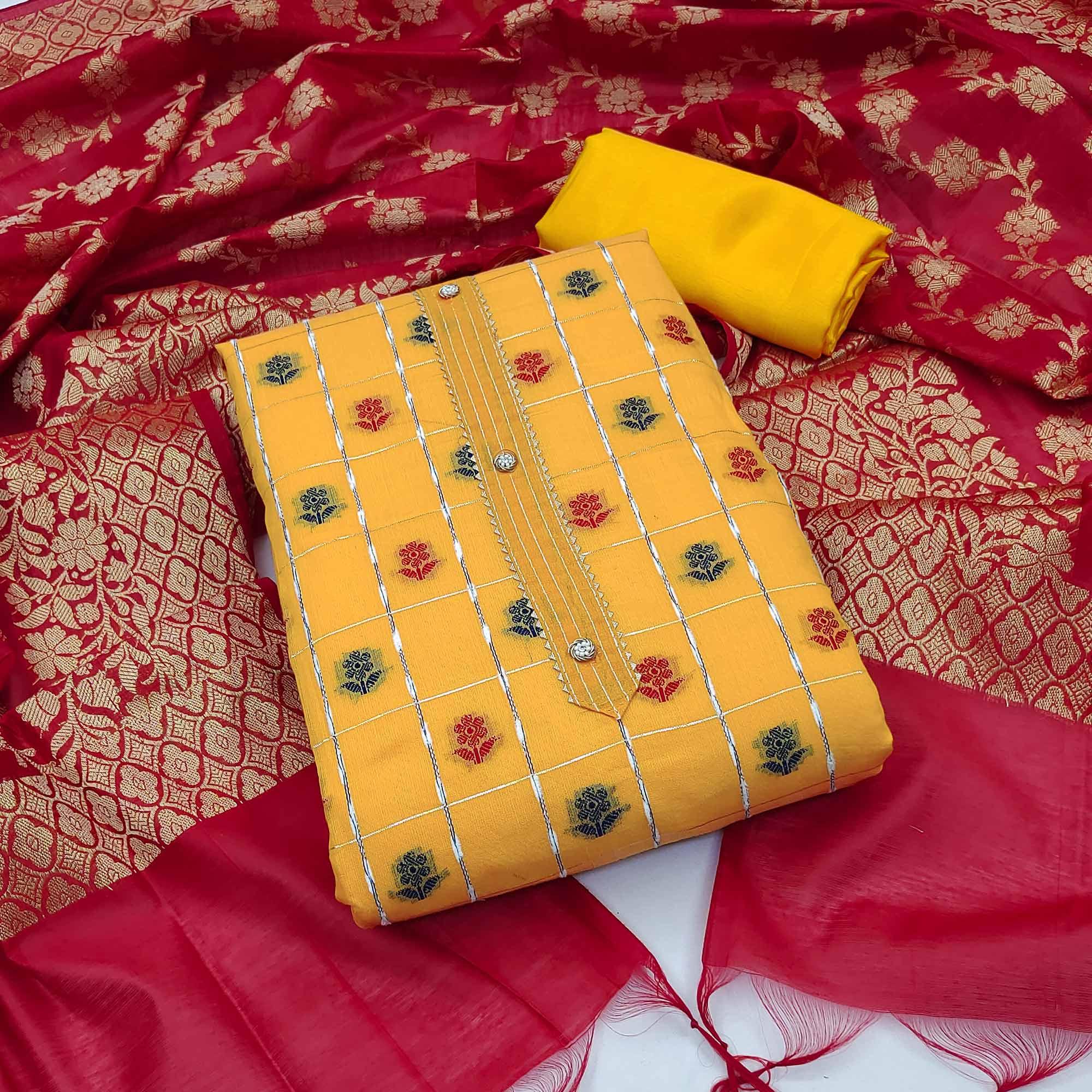 Yellow Woven Banarasi Silk Dress Material - Peachmode