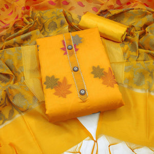 Yellow Woven Banarasi Silk Dress Material - Peachmode