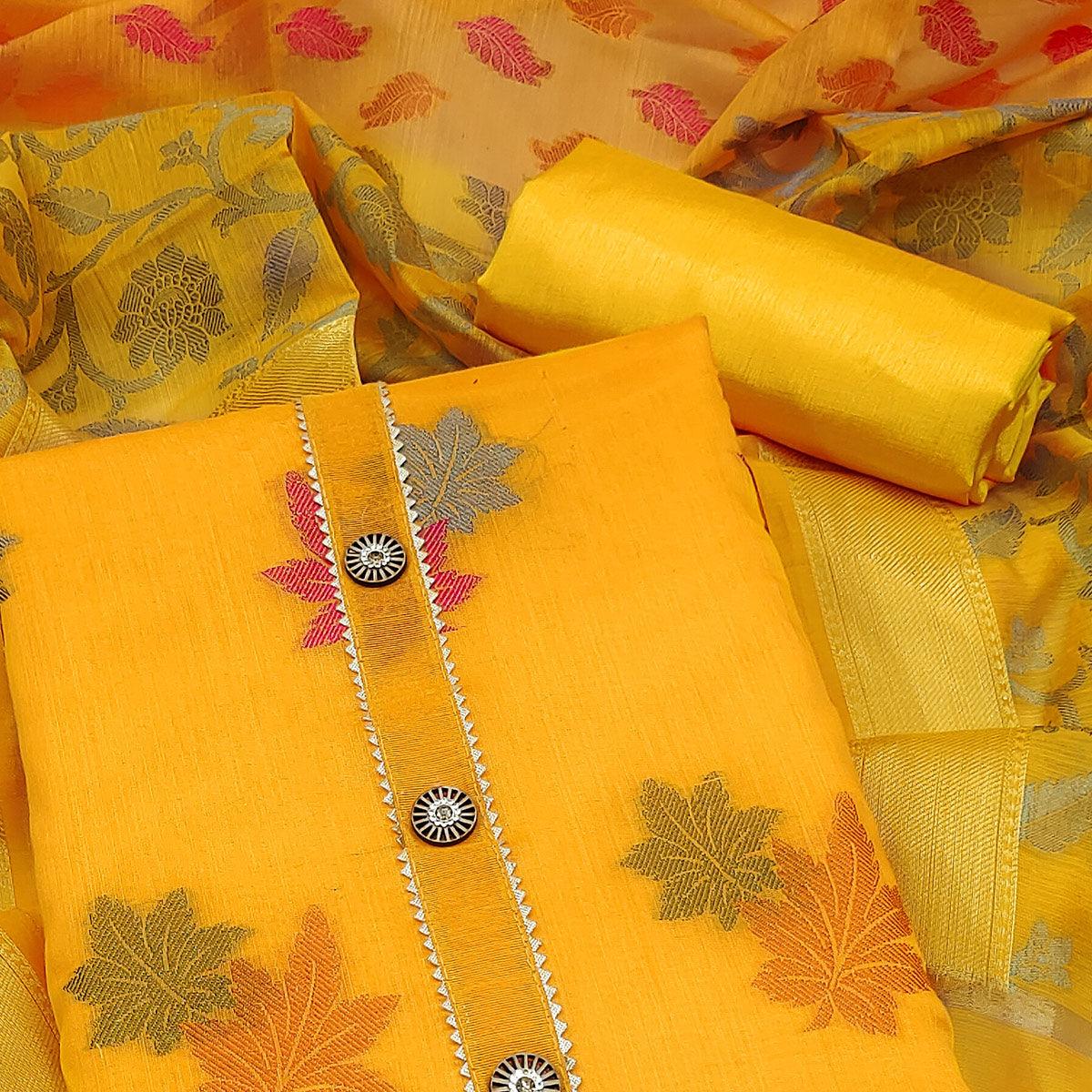 Yellow Woven Banarasi Silk Dress Material - Peachmode