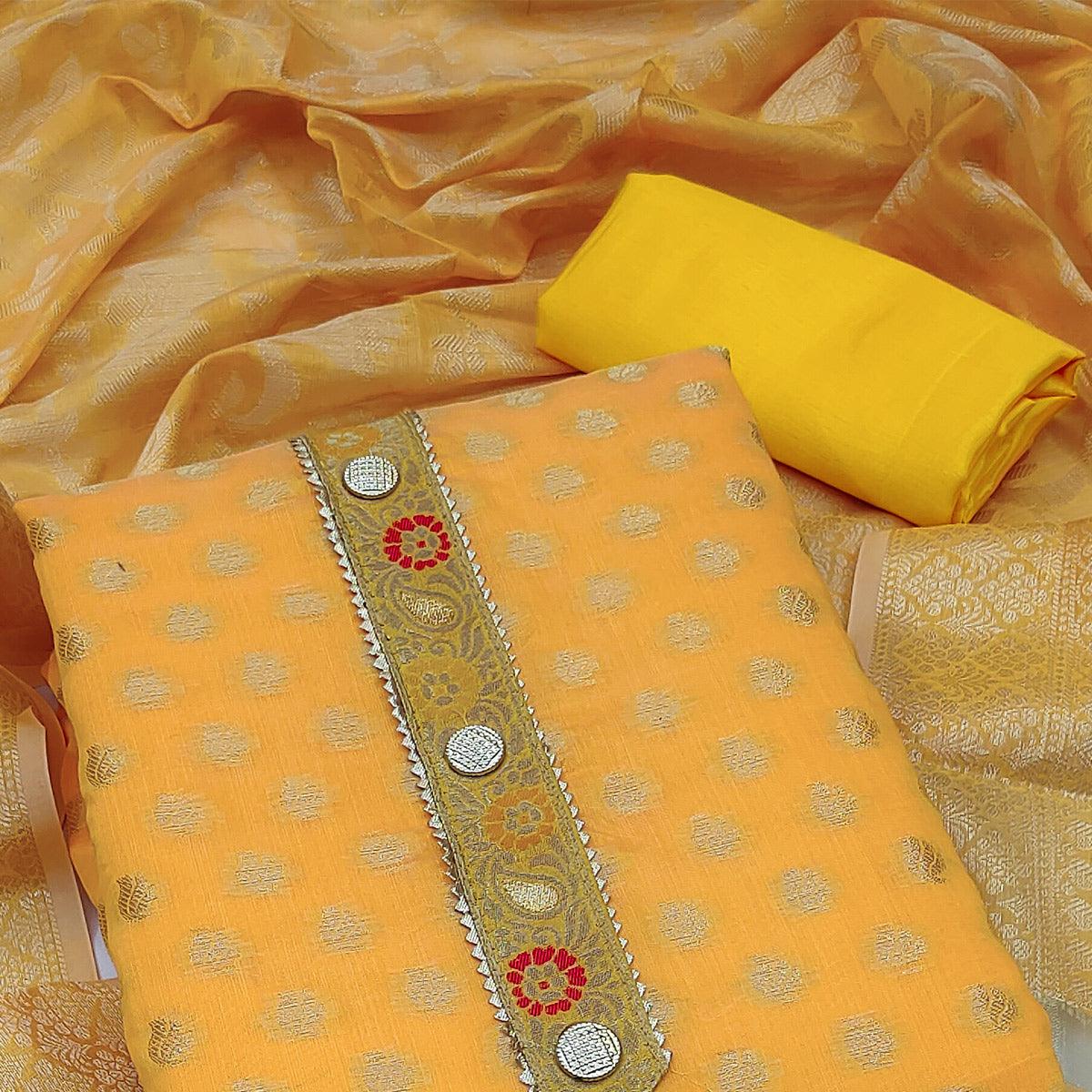 Yellow Woven Banarasi Silk Dress Material - Peachmode