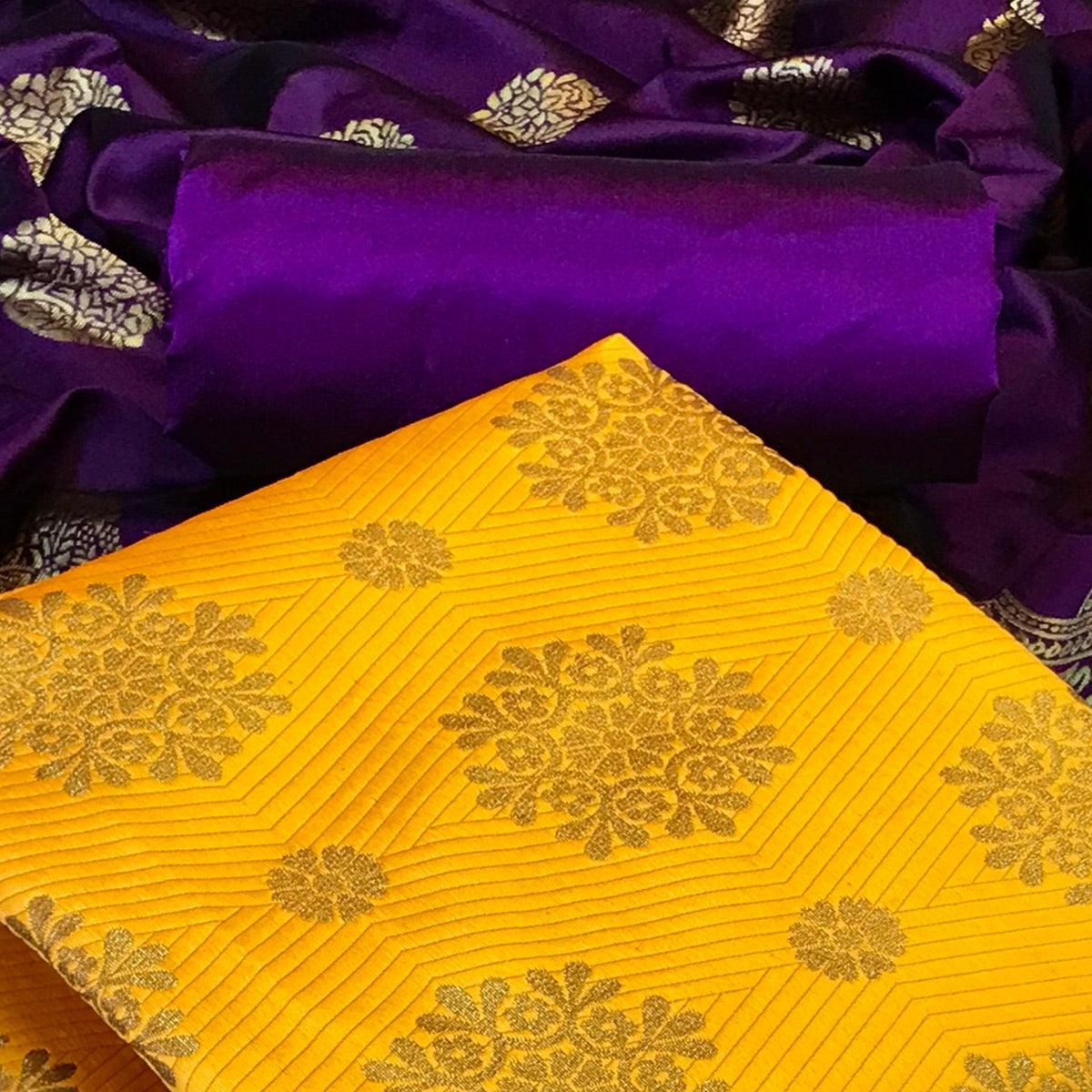 Yellow Woven Banarasi Silk Dress Material - Peachmode