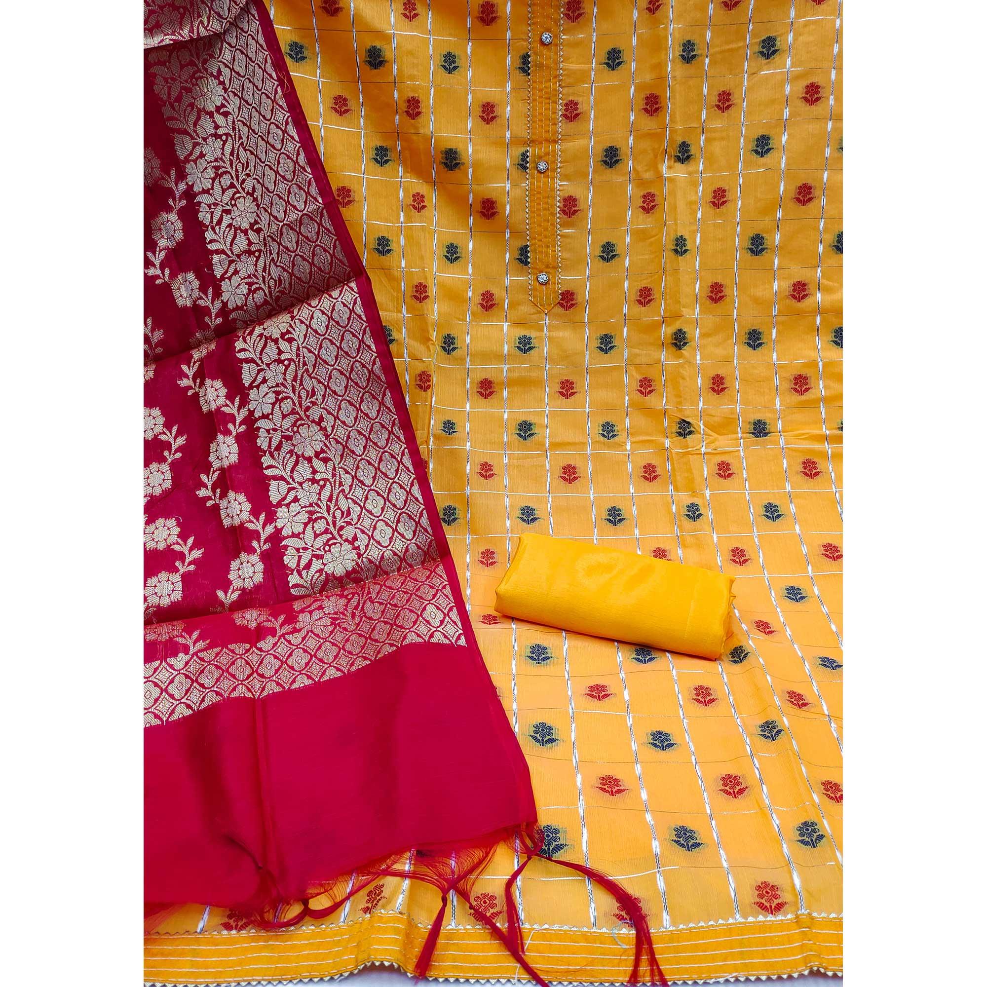 Yellow Woven Banarasi Silk Dress Material - Peachmode