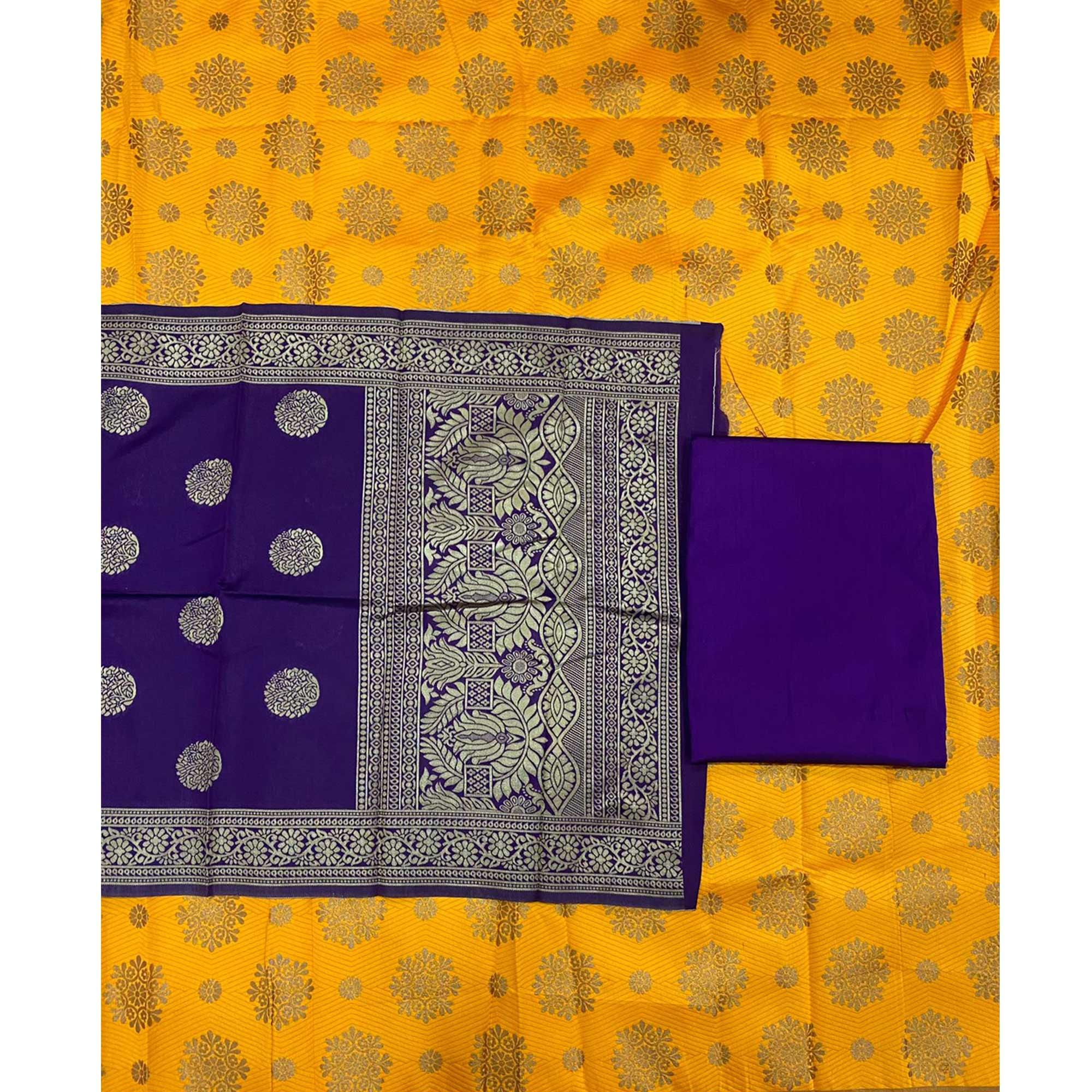 Yellow Woven Banarasi Silk Dress Material - Peachmode