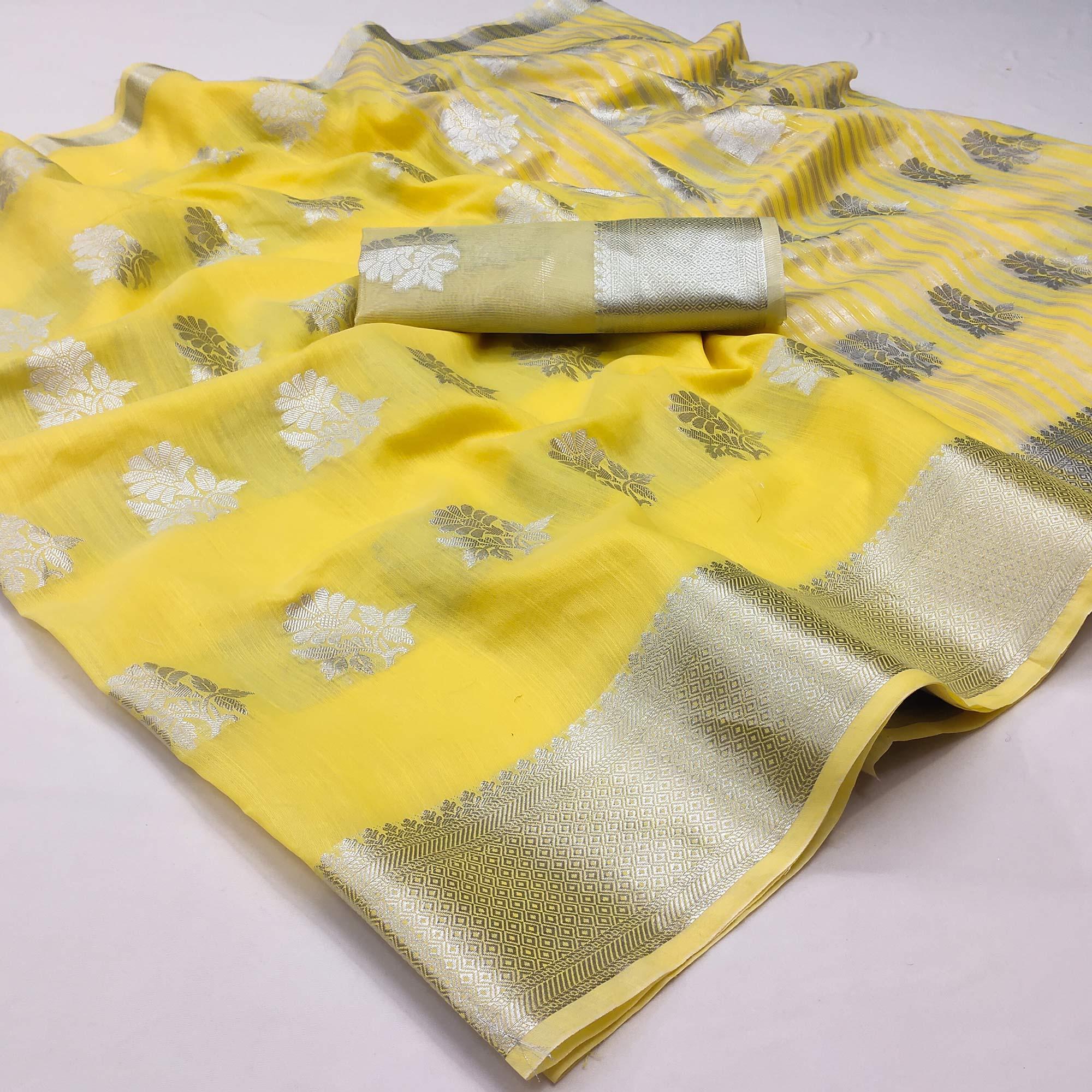 Yellow Woven Banarasi Silk Saree - Peachmode