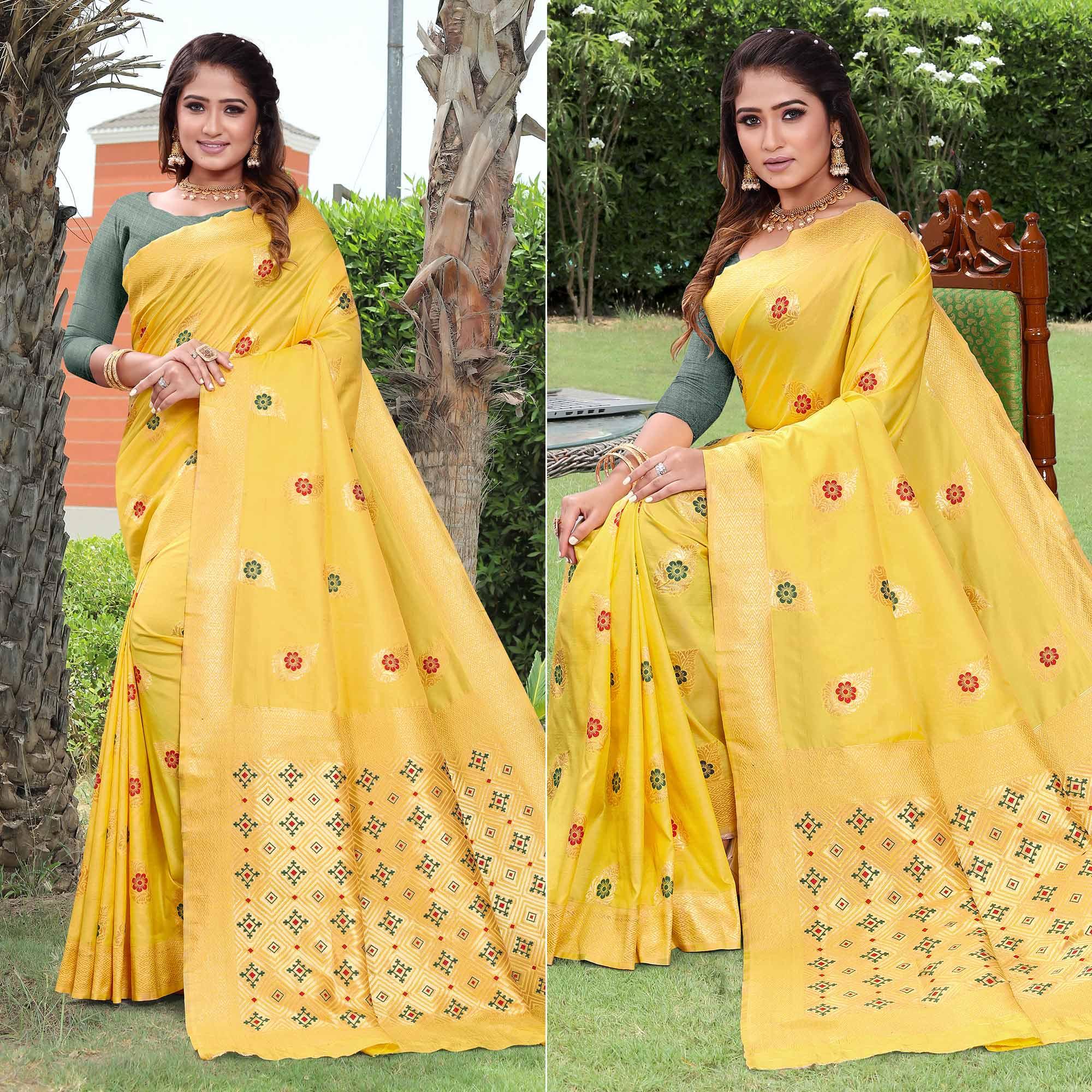 Yellow Woven Banarasi Silk Saree - Peachmode