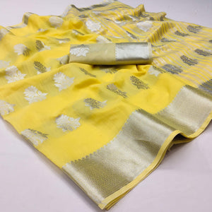 Yellow Woven Banarasi Silk Saree - Peachmode