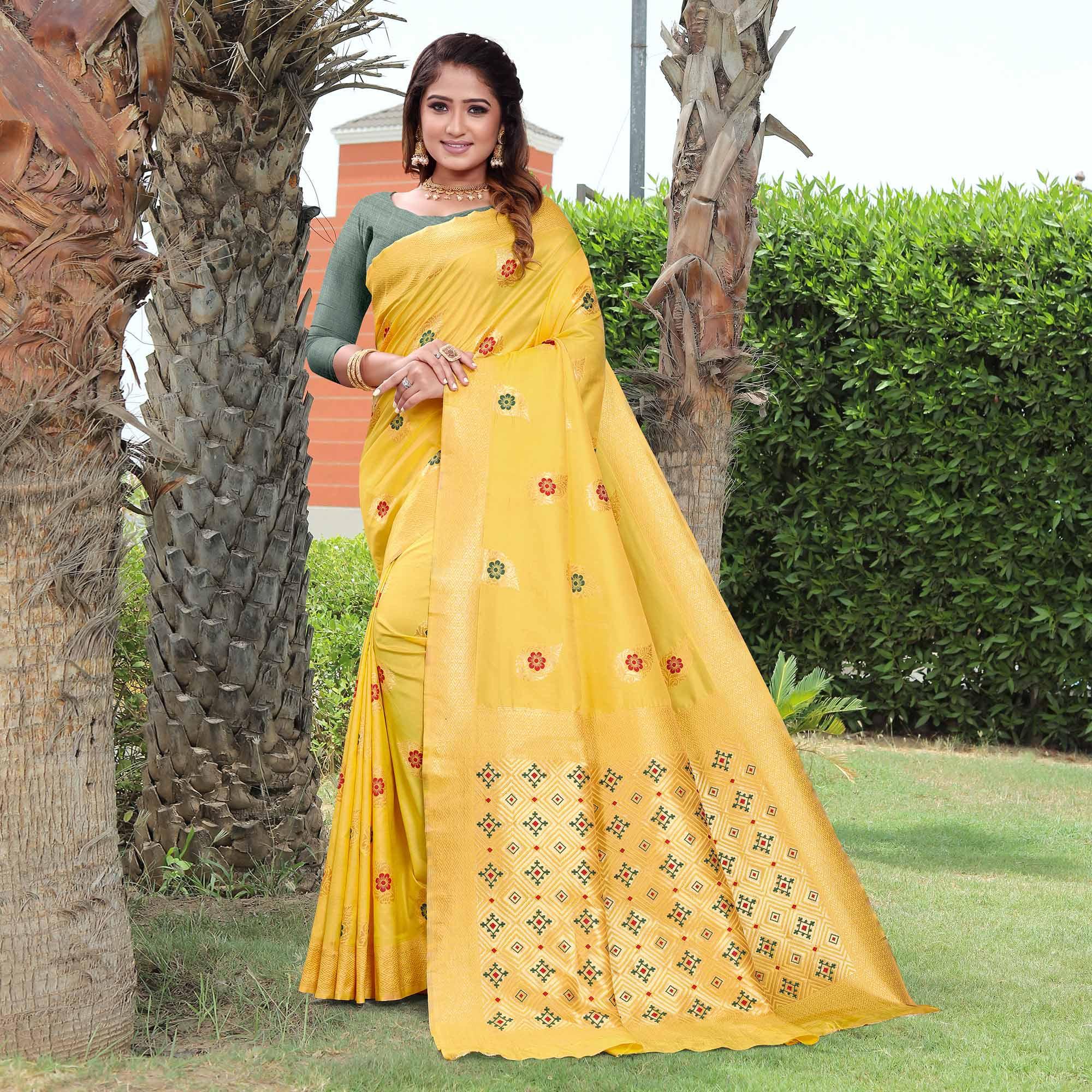 Yellow Woven Banarasi Silk Saree - Peachmode