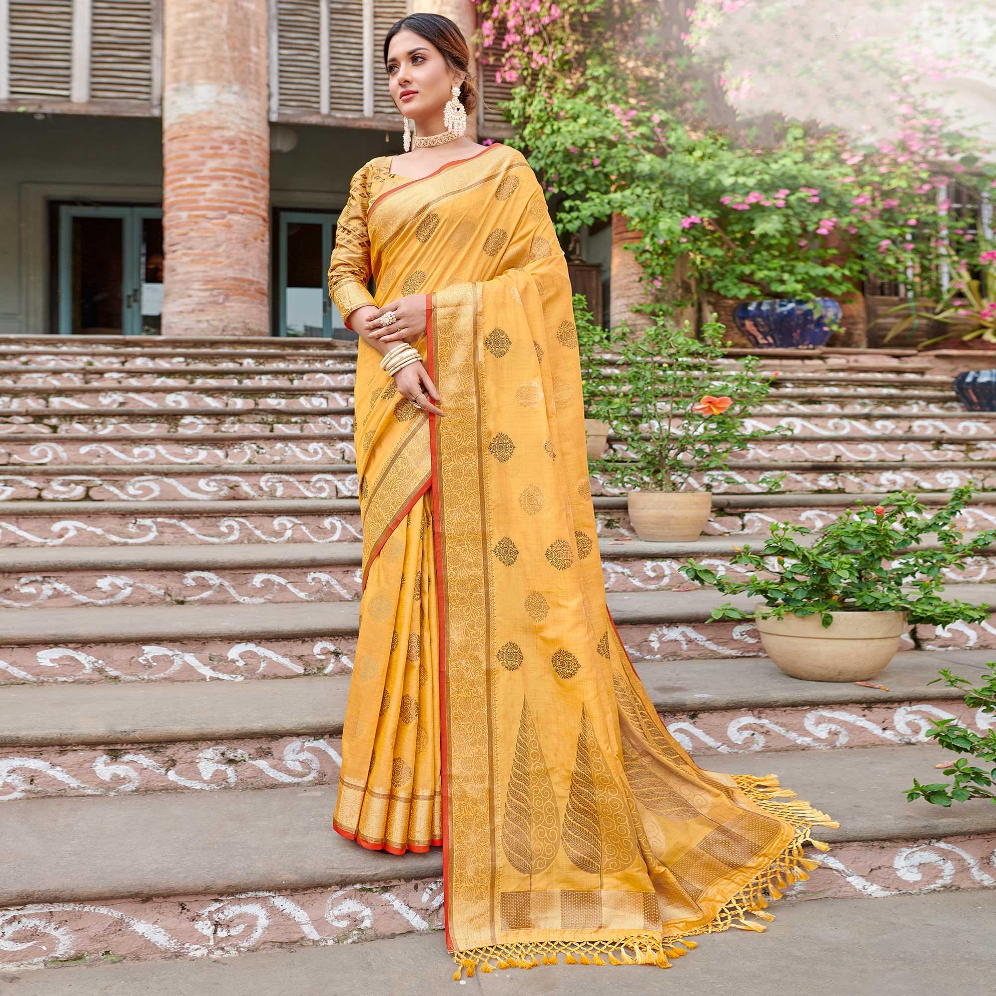 Yellow Woven Banarasi Silk Saree - Peachmode