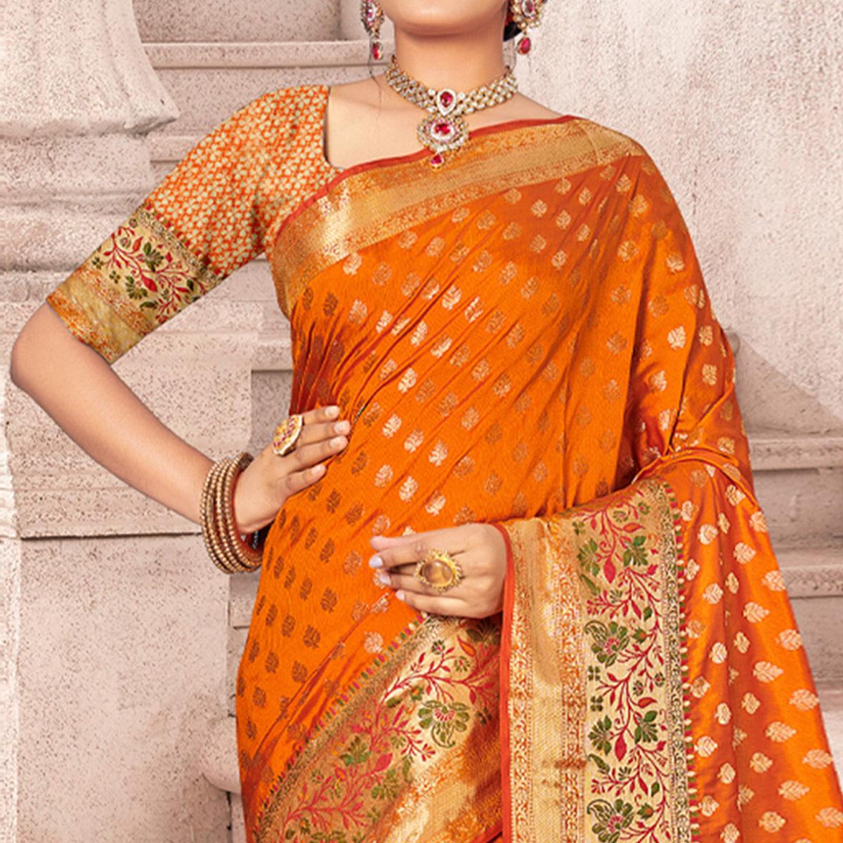Yellow Woven Banarasi Silk Saree - Peachmode