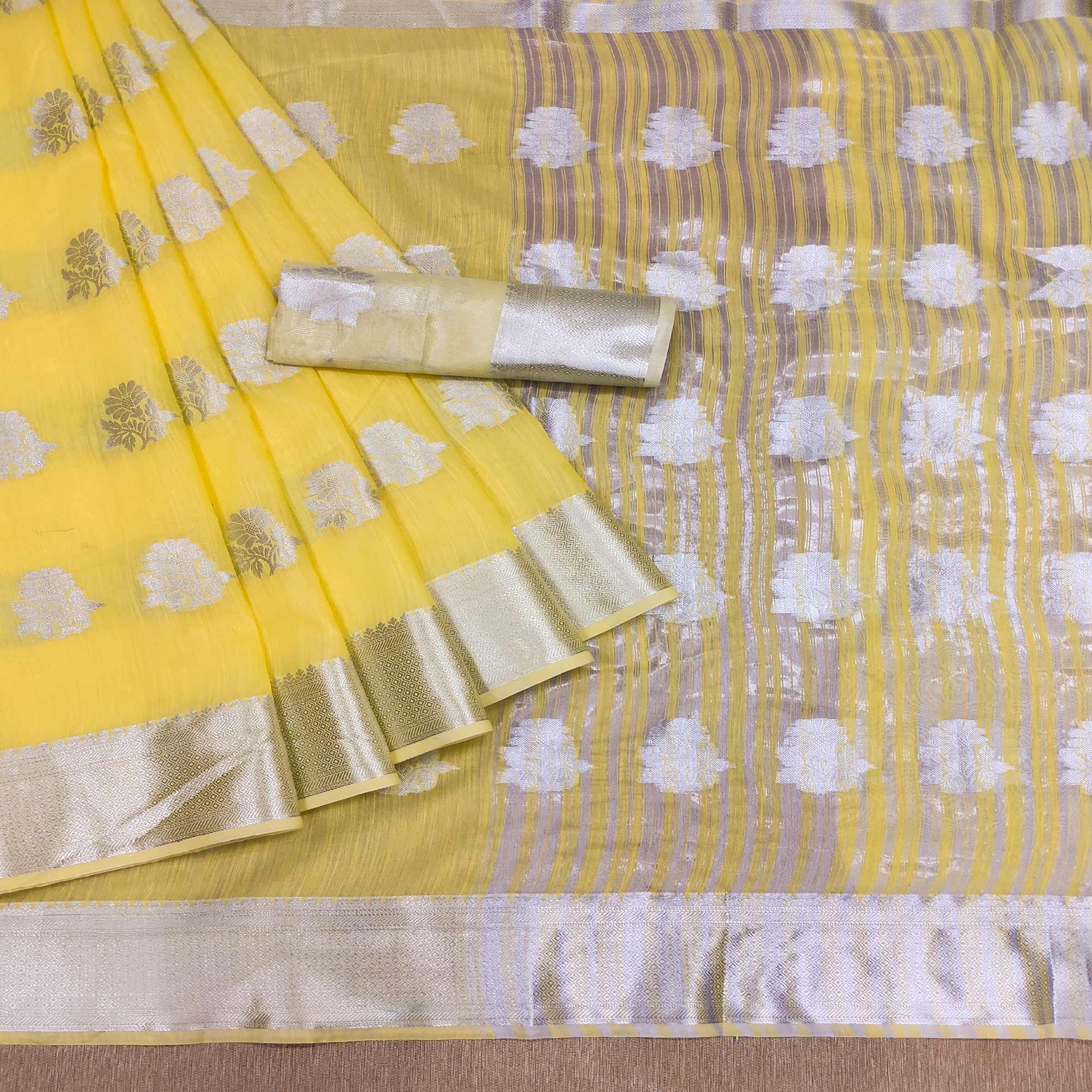 Yellow Woven Banarasi Silk Saree - Peachmode