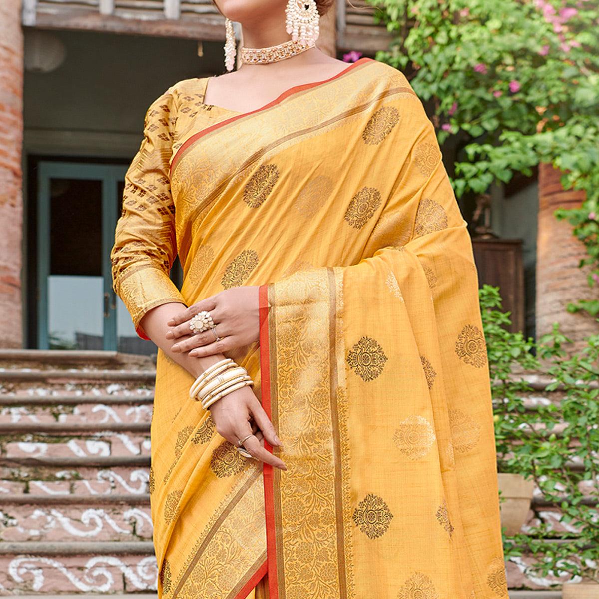 Yellow Woven Banarasi Silk Saree - Peachmode