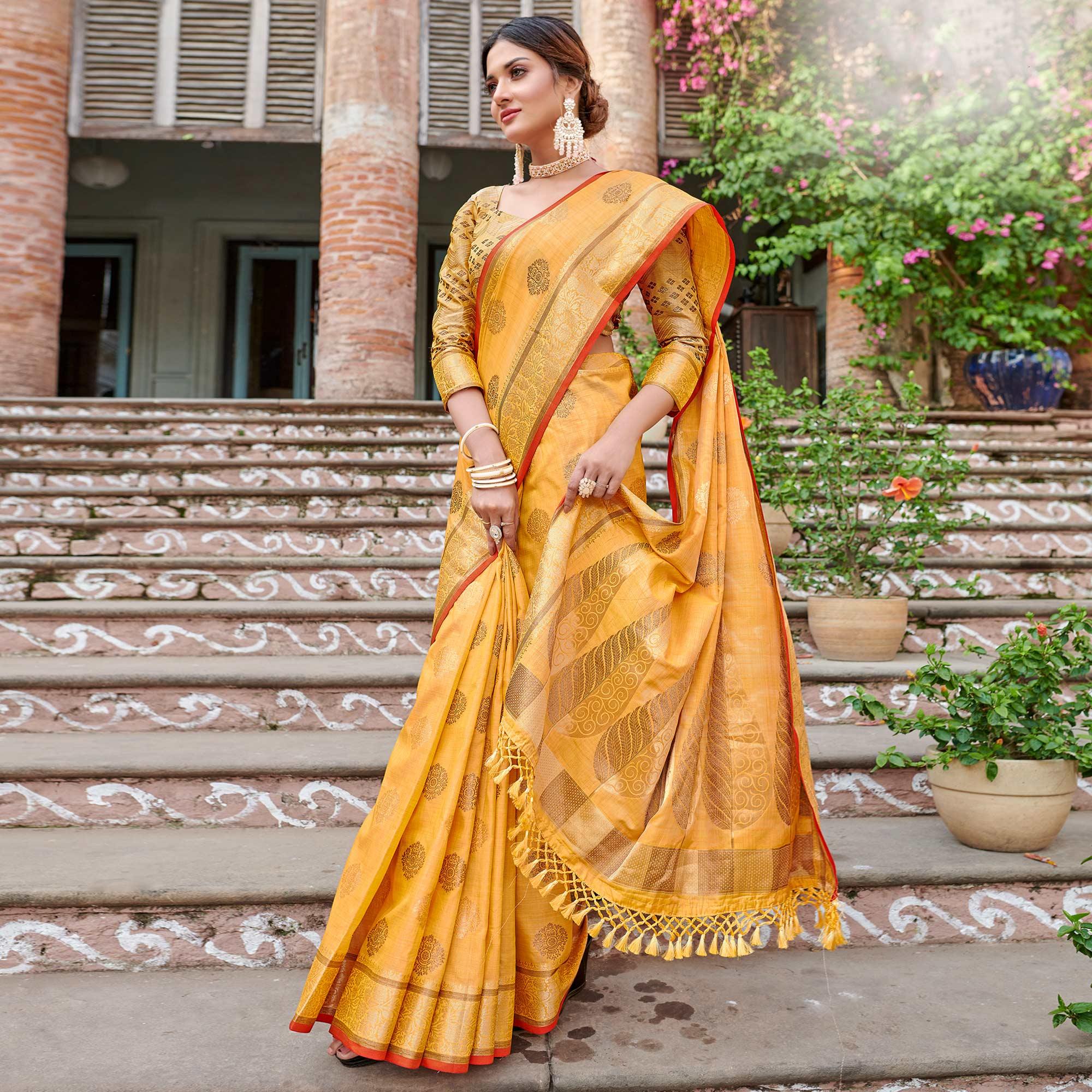 Yellow Woven Banarasi Silk Saree - Peachmode