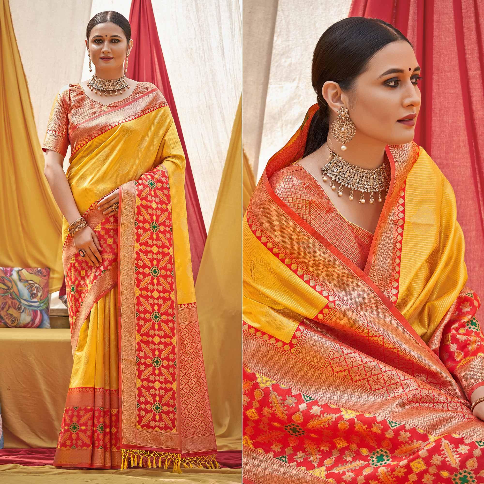 Yellow Woven Banarasi Silk Saree With Tassels - Peachmode