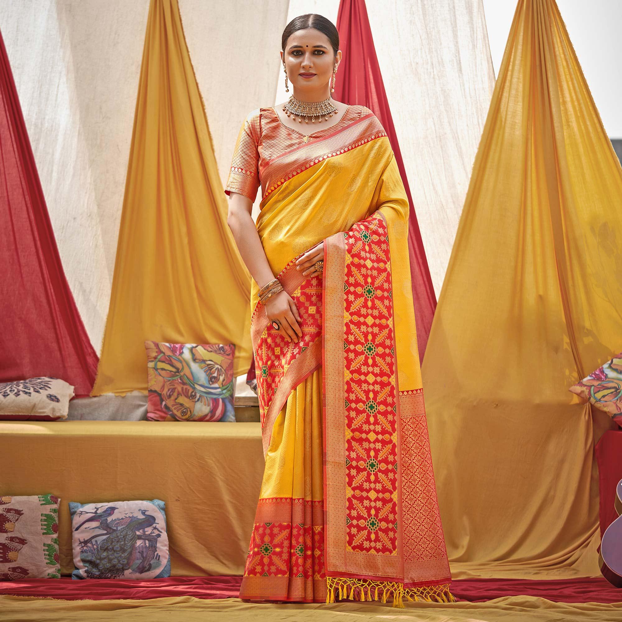 Yellow Woven Banarasi Silk Saree With Tassels - Peachmode