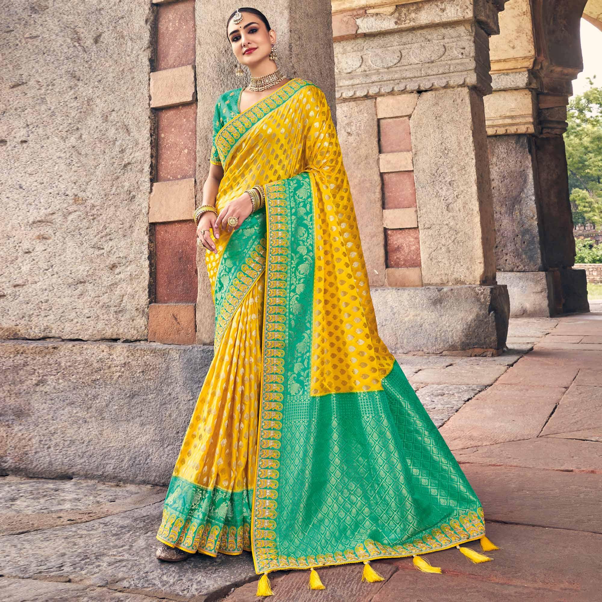 Yellow Woven Banarasi Silk Saree With Tassels - Peachmode