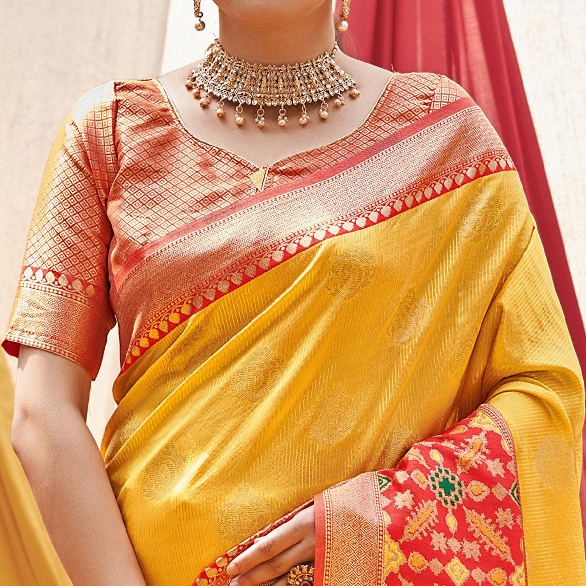 Yellow Woven Banarasi Silk Saree With Tassels - Peachmode