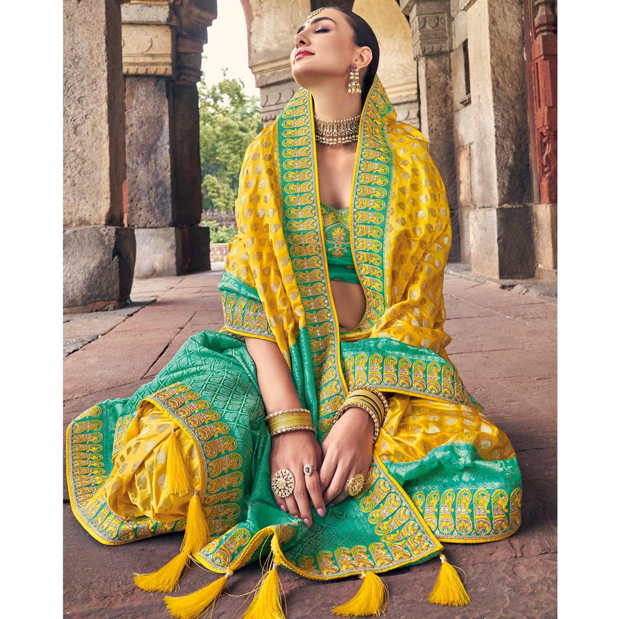 Yellow Woven Banarasi Silk Saree With Tassels - Peachmode