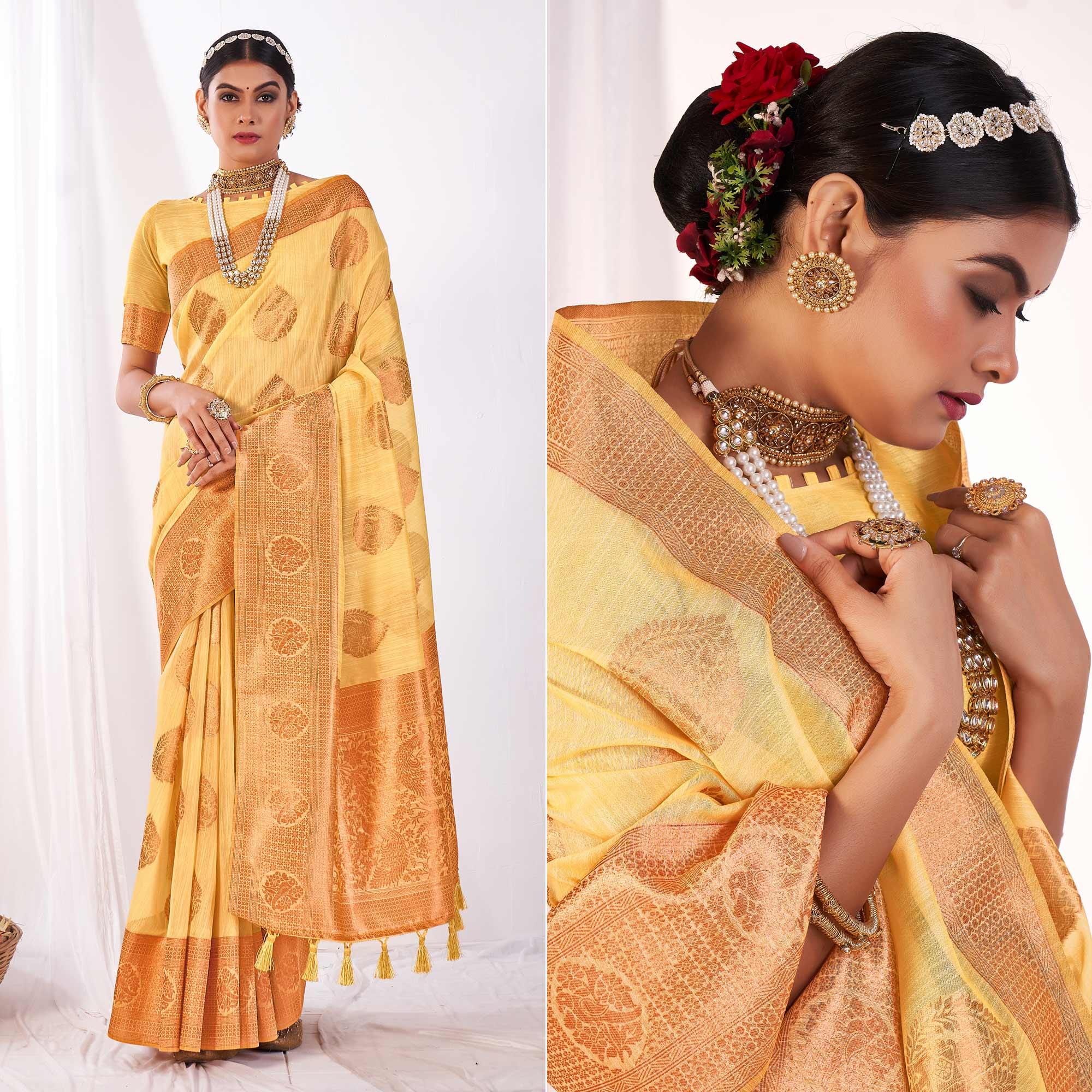 Yellow Woven Banarasi Style Linen Saree - Peachmode