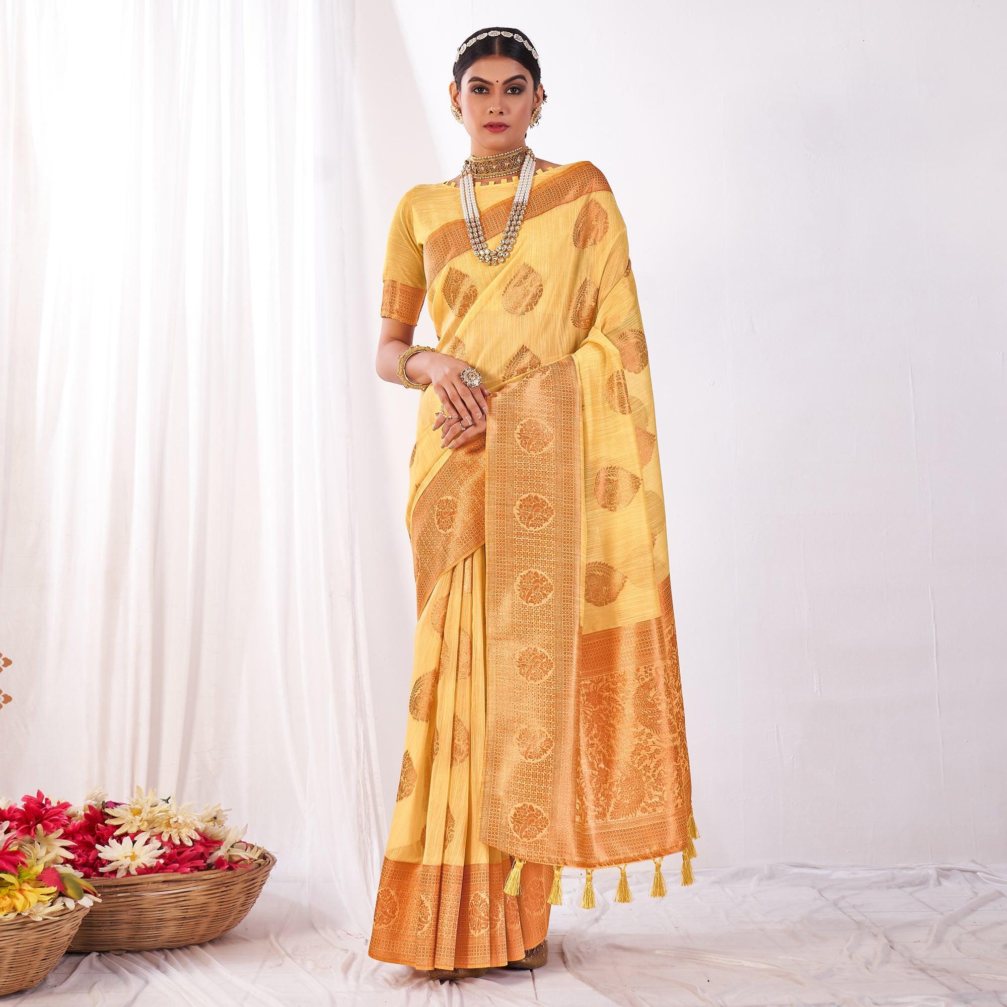 Yellow Woven Banarasi Style Linen Saree - Peachmode