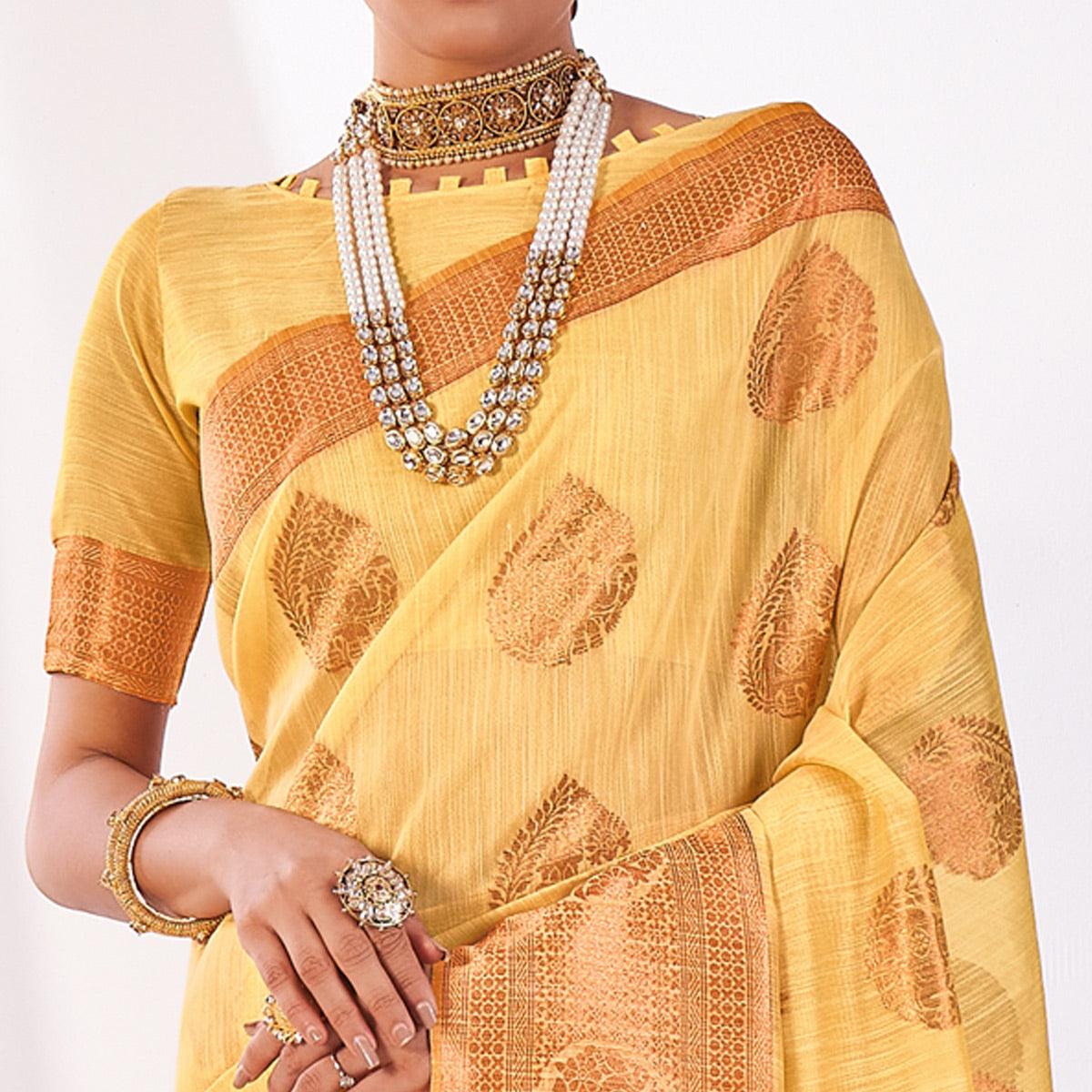 Yellow Woven Banarasi Style Linen Saree - Peachmode