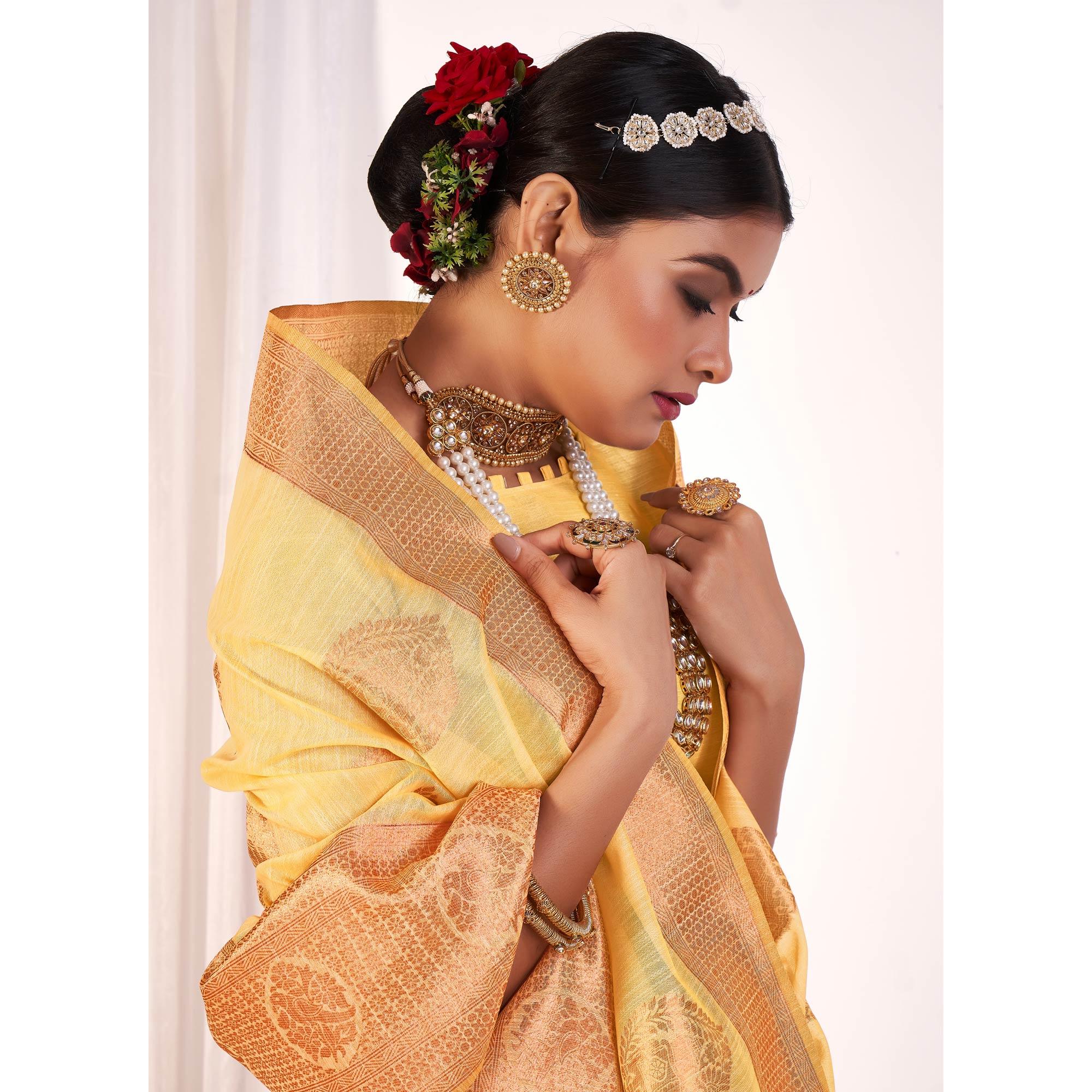 Yellow Woven Banarasi Style Linen Saree - Peachmode