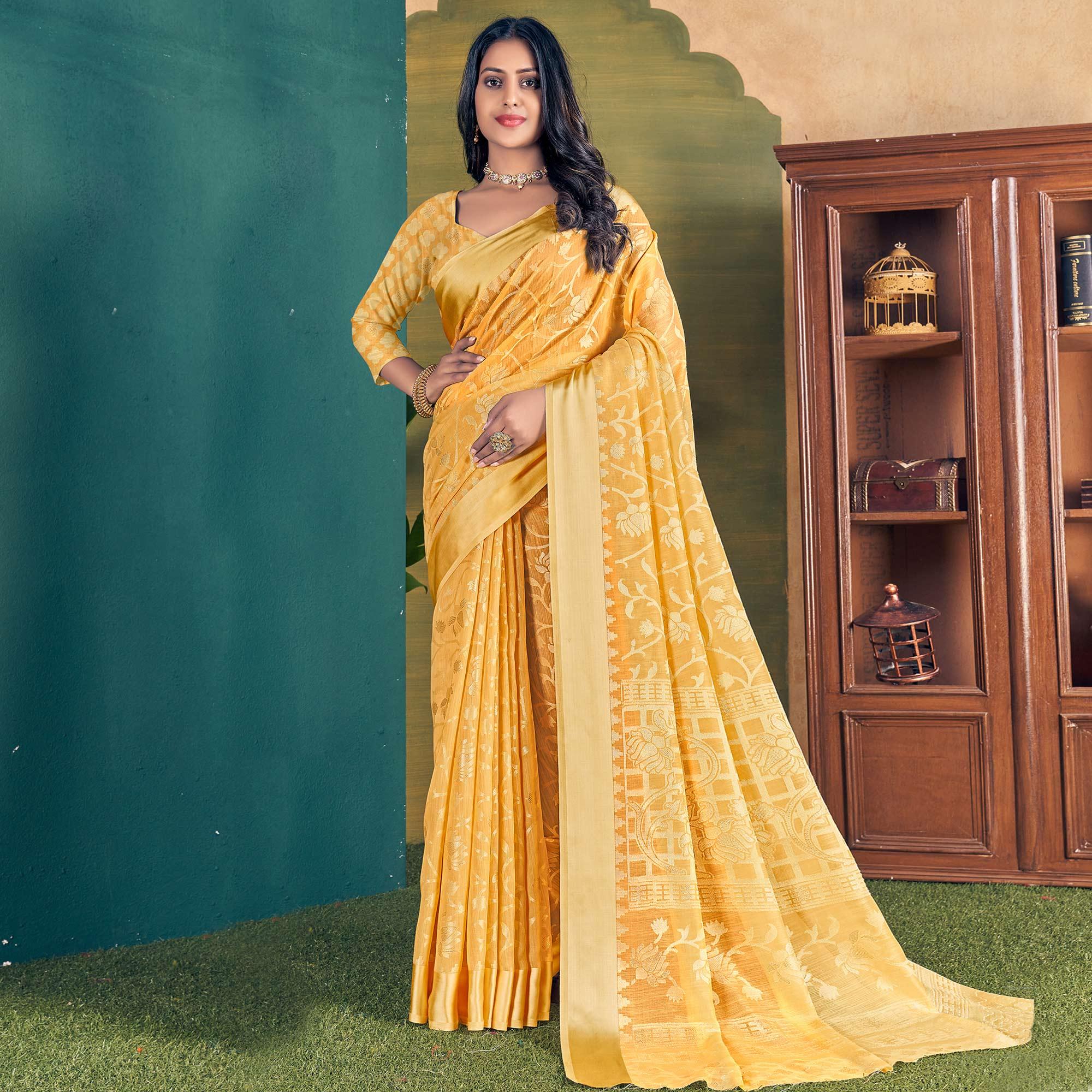 Yellow Woven Brasso Saree - Peachmode