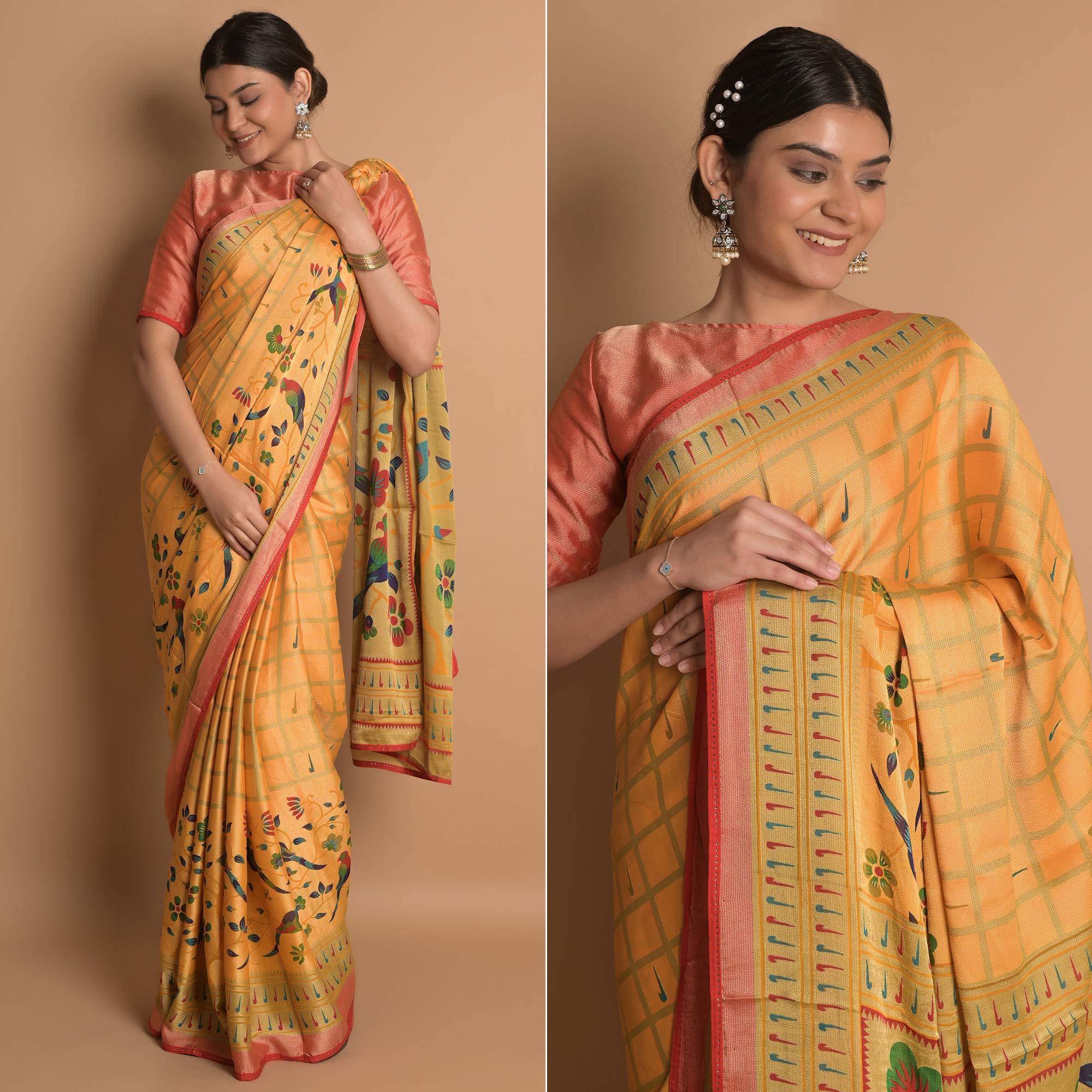 Yellow Woven Brasso Saree - Peachmode