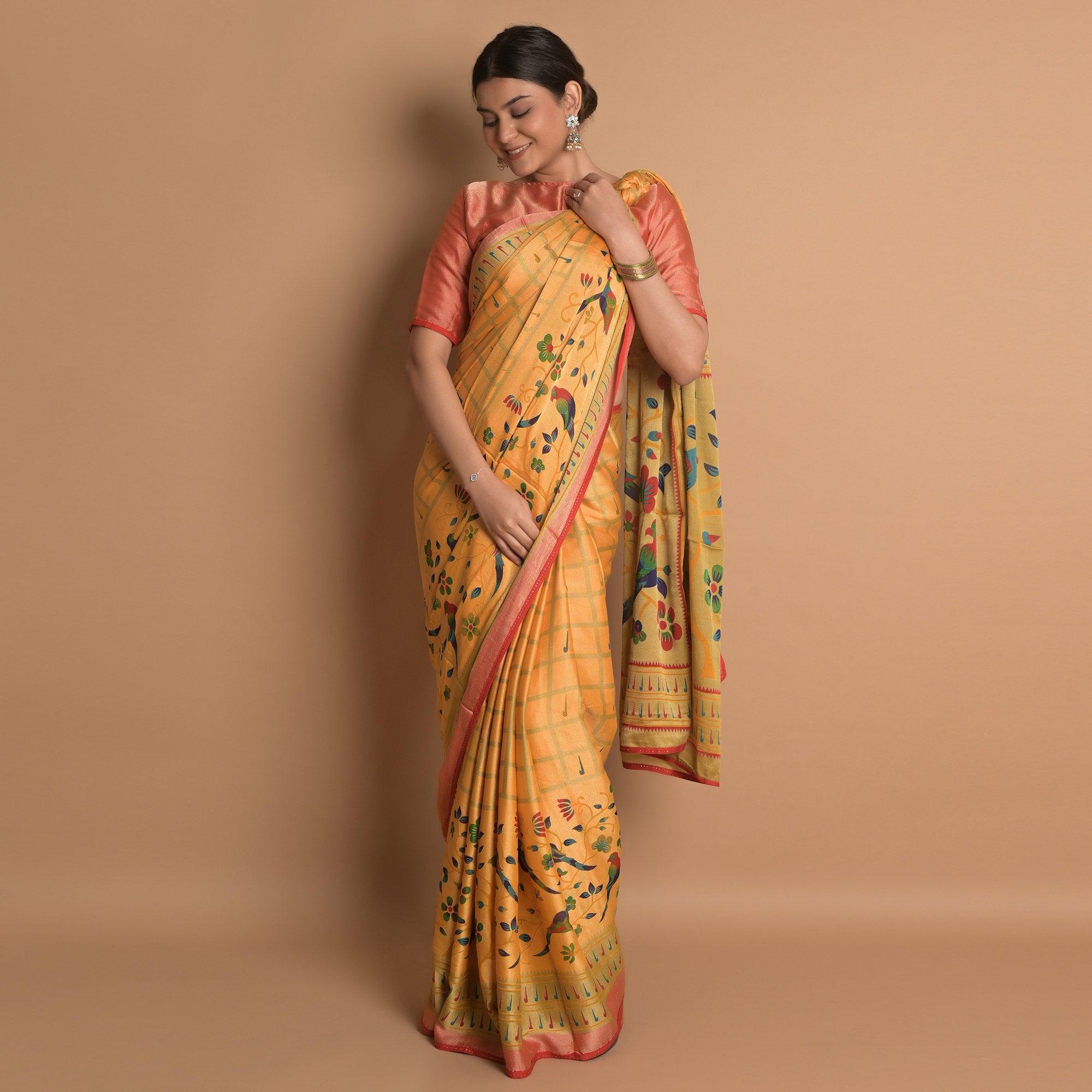 Yellow Woven Brasso Saree - Peachmode