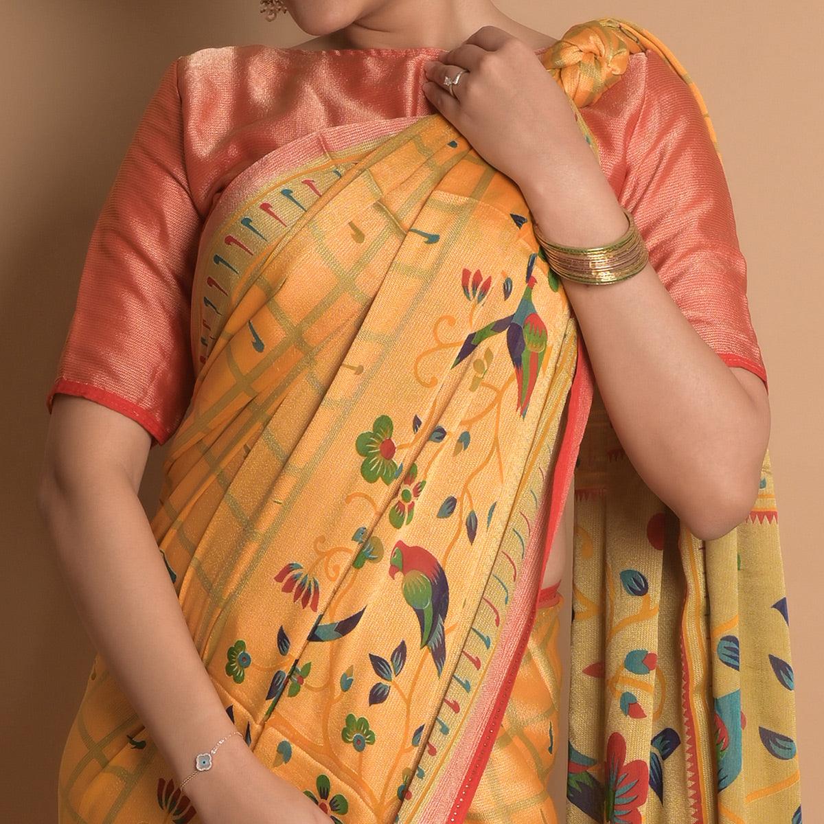 Yellow Woven Brasso Saree - Peachmode