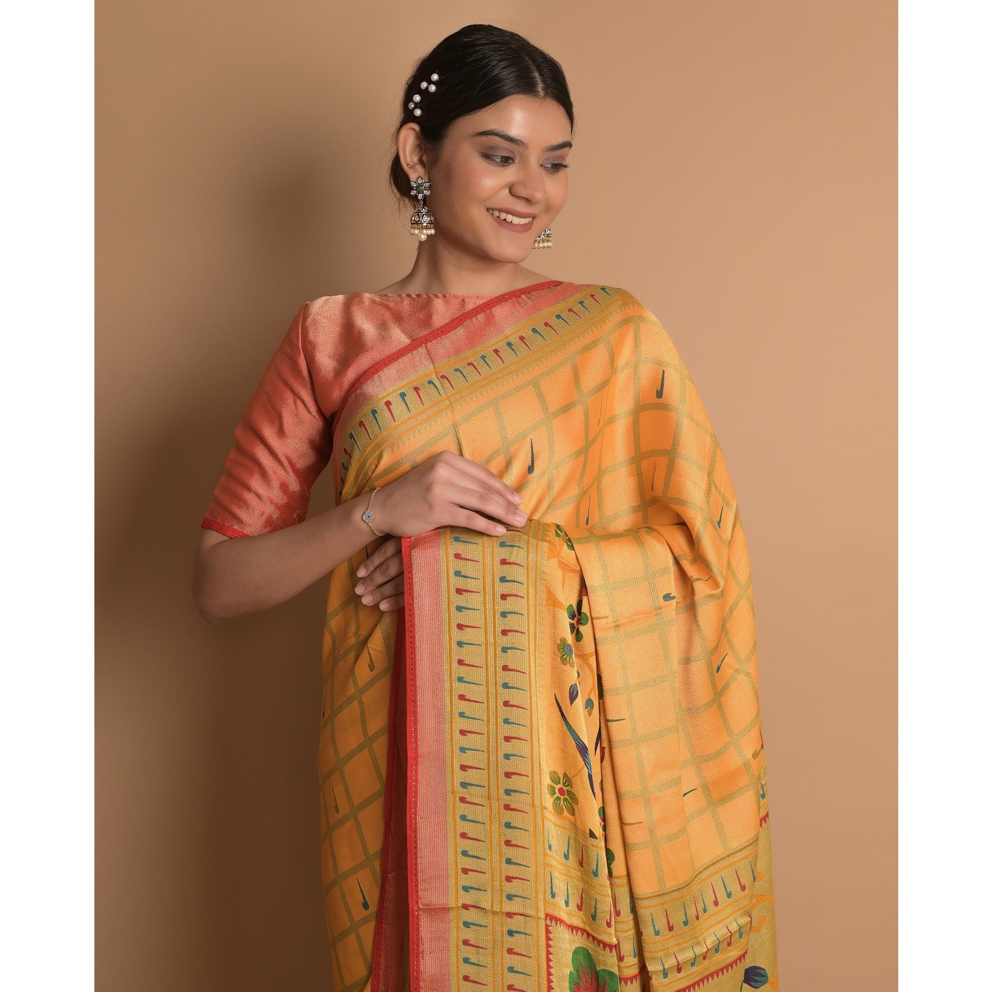 Yellow Woven Brasso Saree - Peachmode