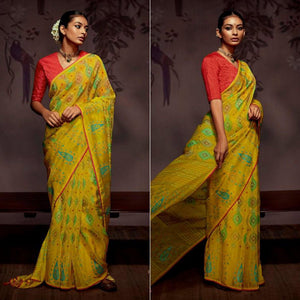 Yellow Woven Brasso Saree With Tassels - Peachmode