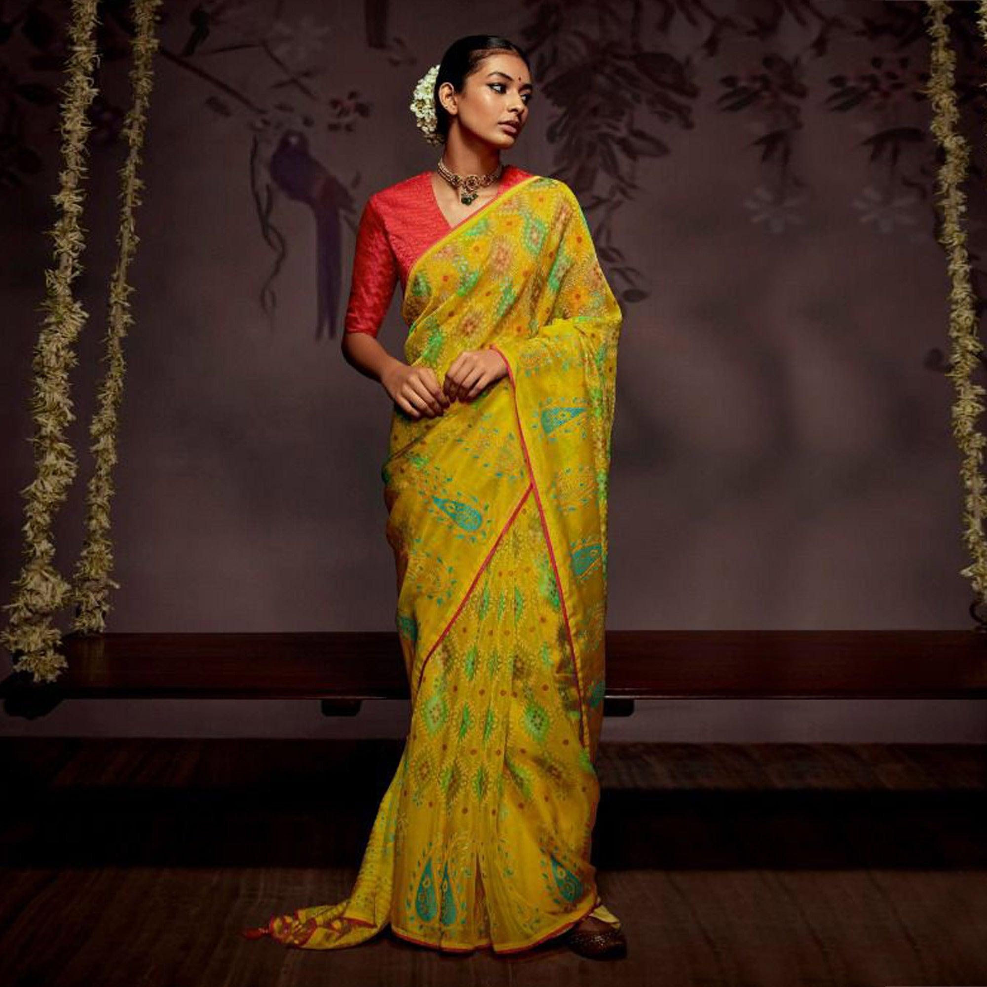 Yellow Woven Brasso Saree With Tassels - Peachmode