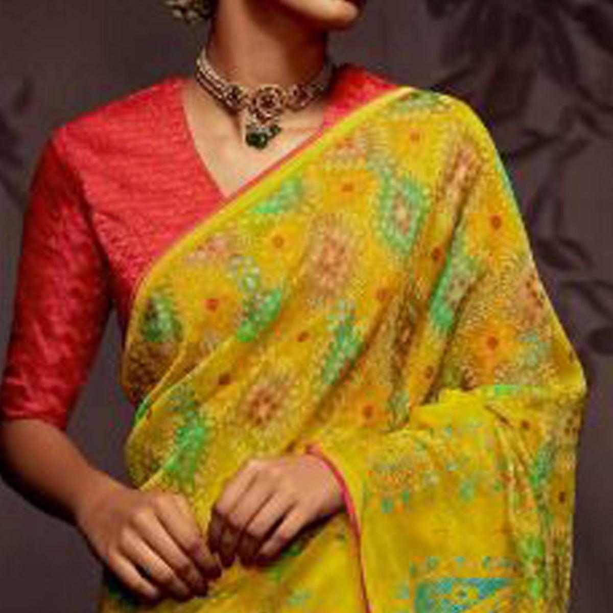 Yellow Woven Brasso Saree With Tassels - Peachmode