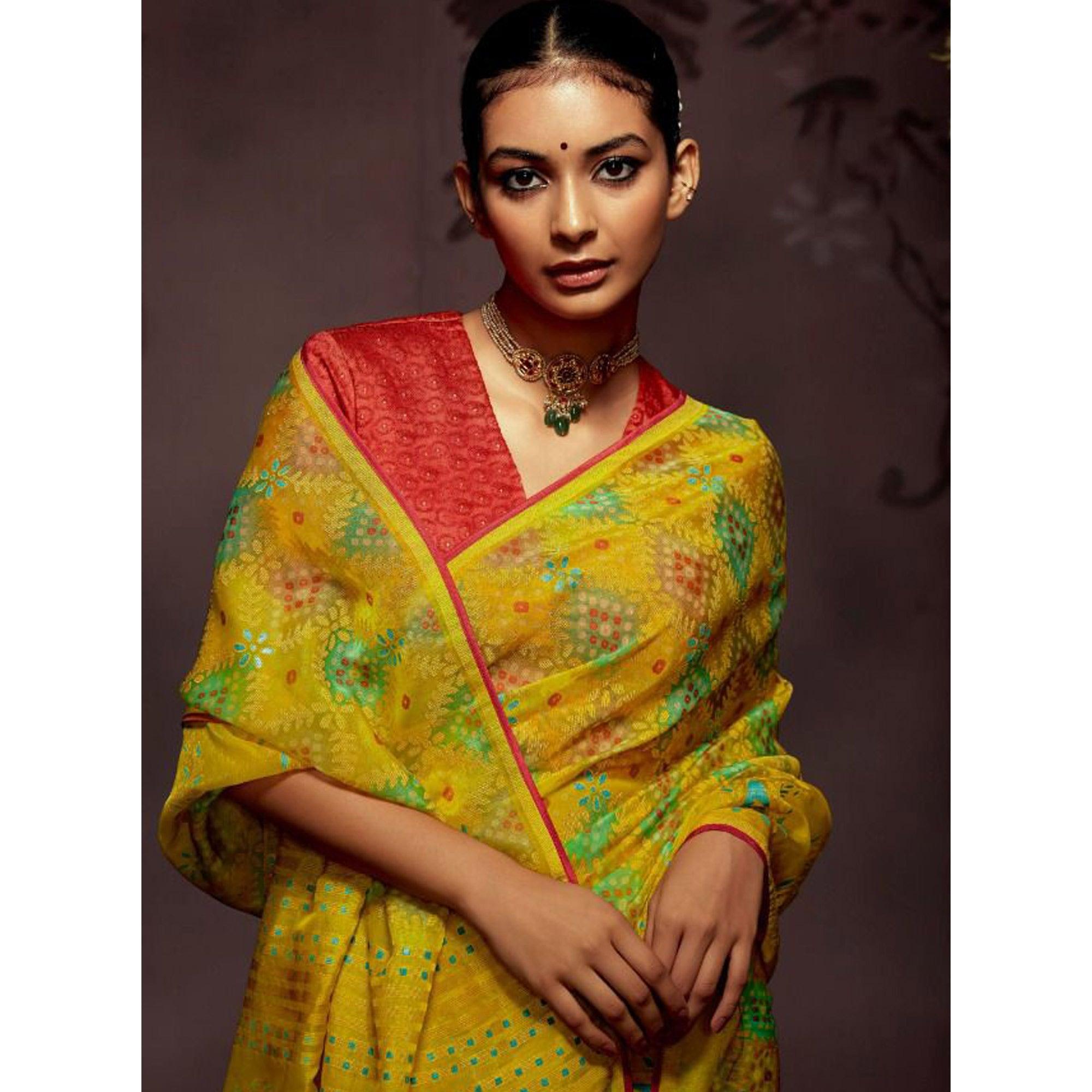 Yellow Woven Brasso Saree With Tassels - Peachmode