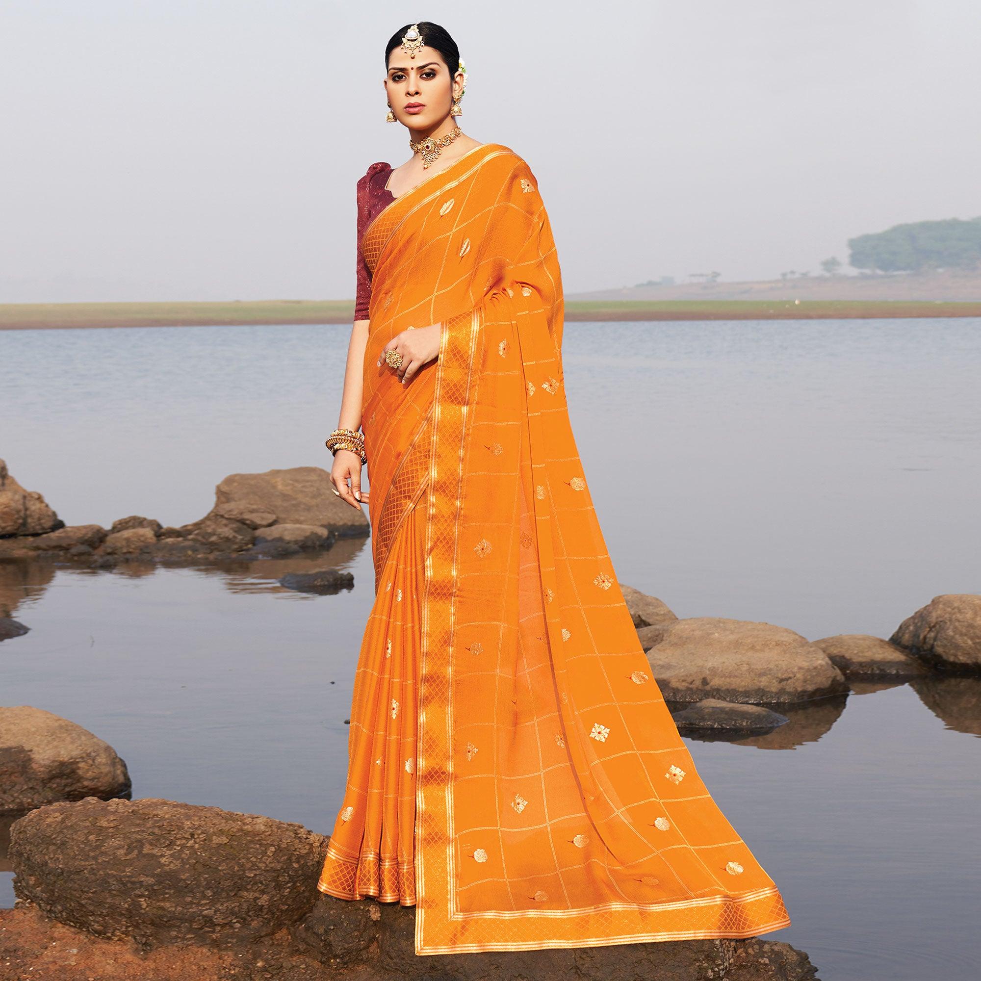 Yellow Woven Chiffon Saree - Peachmode