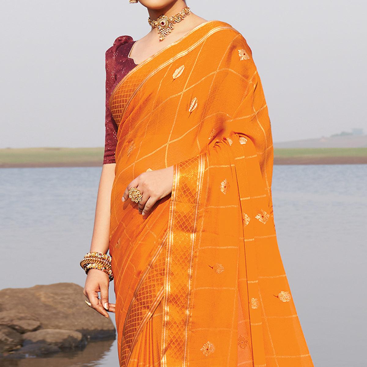 Yellow Woven Chiffon Saree - Peachmode