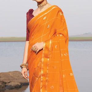 Yellow Woven Chiffon Saree - Peachmode