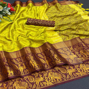 Yellow Woven Cotton Silk Saree - Peachmode