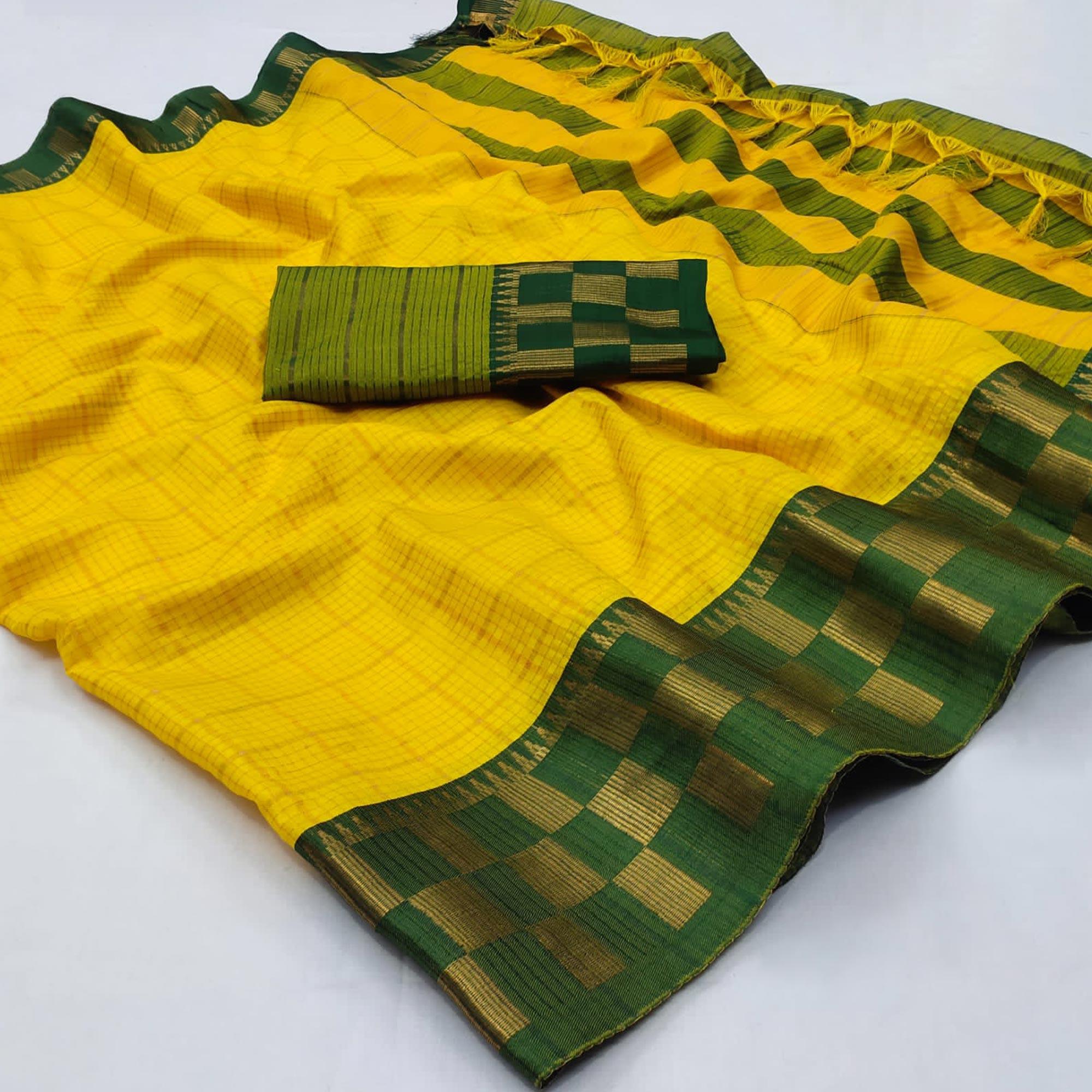 Yellow Woven Cotton Silk Saree - Peachmode