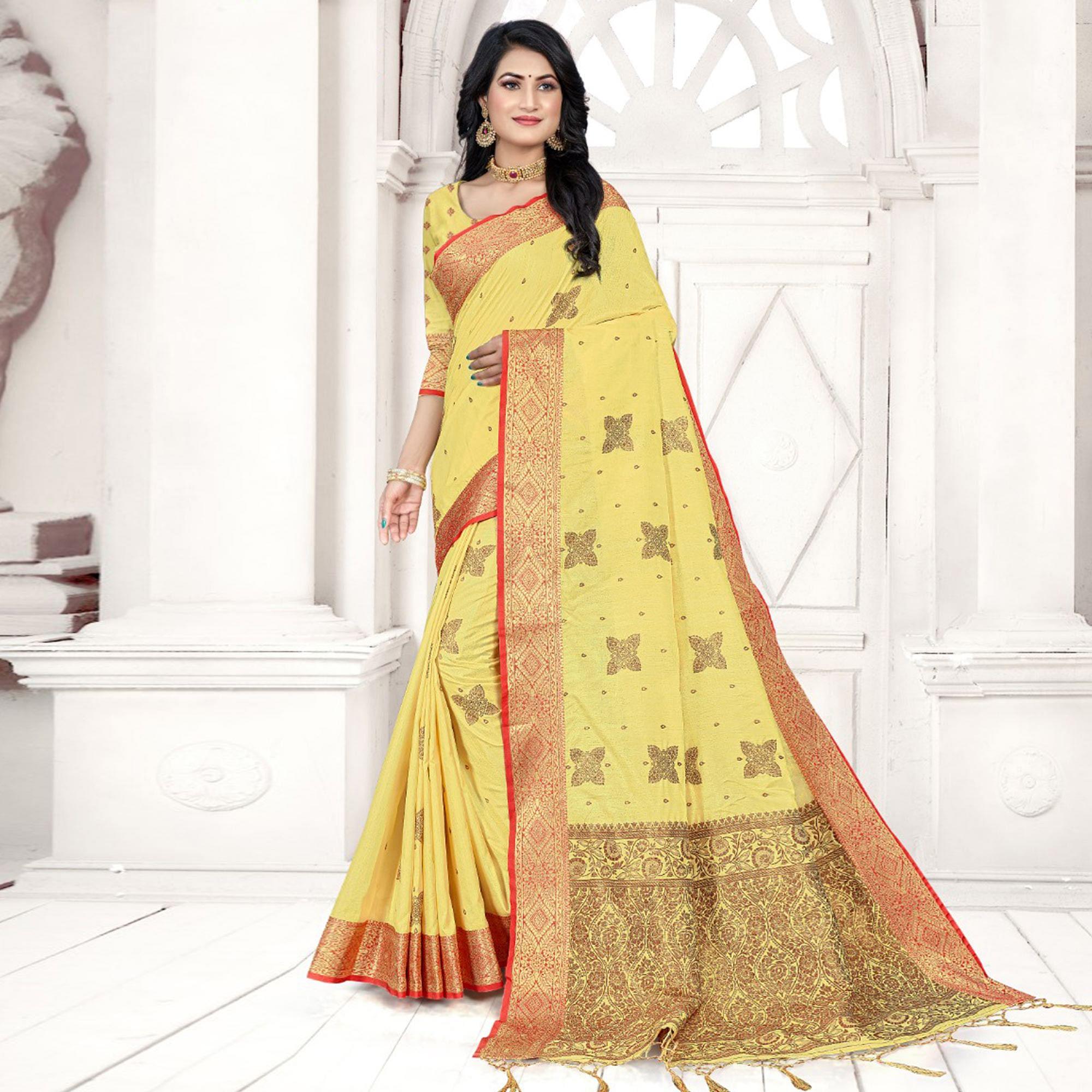 Yellow Woven Cotton Silk Saree - Peachmode