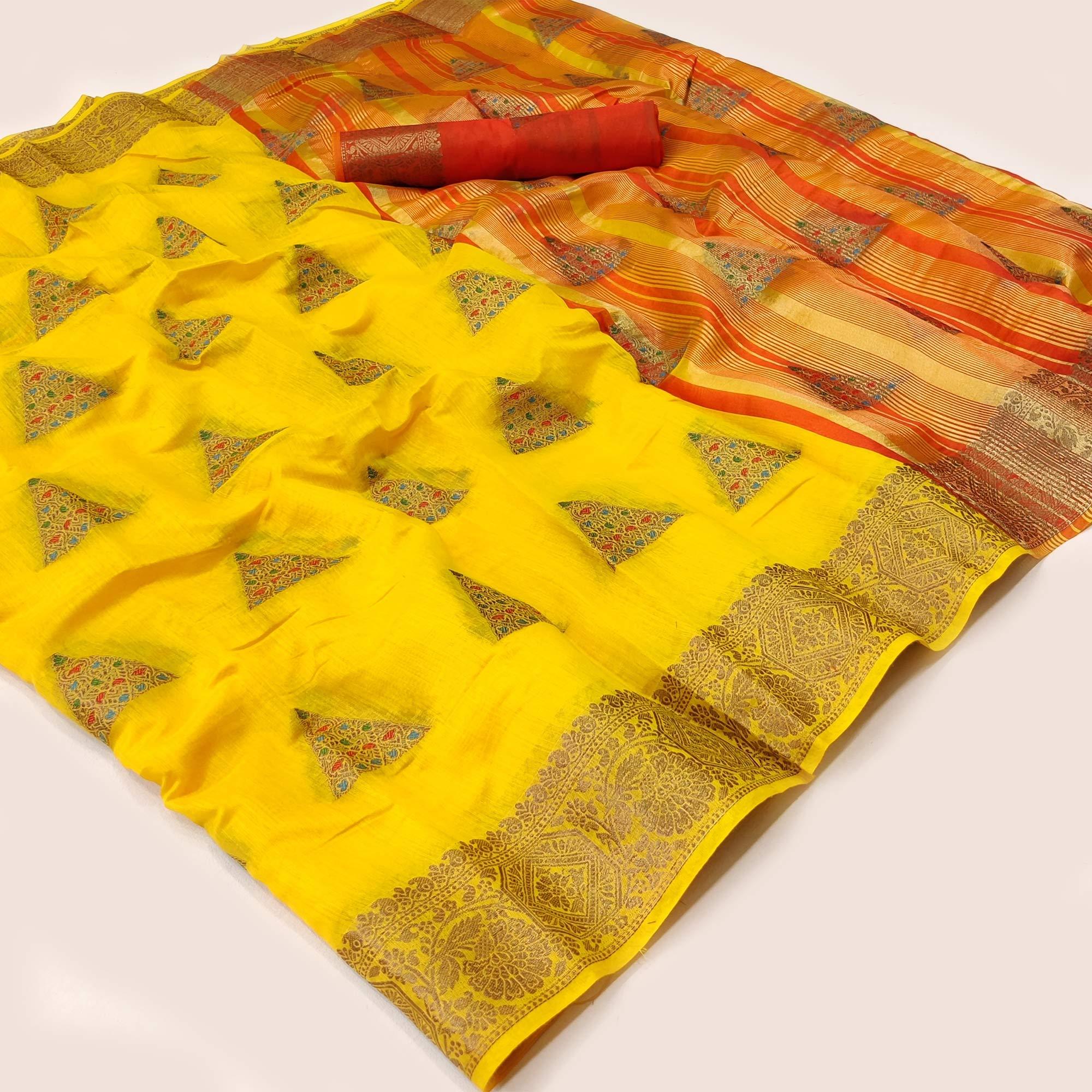 Yellow Woven Cotton Silk Saree - Peachmode