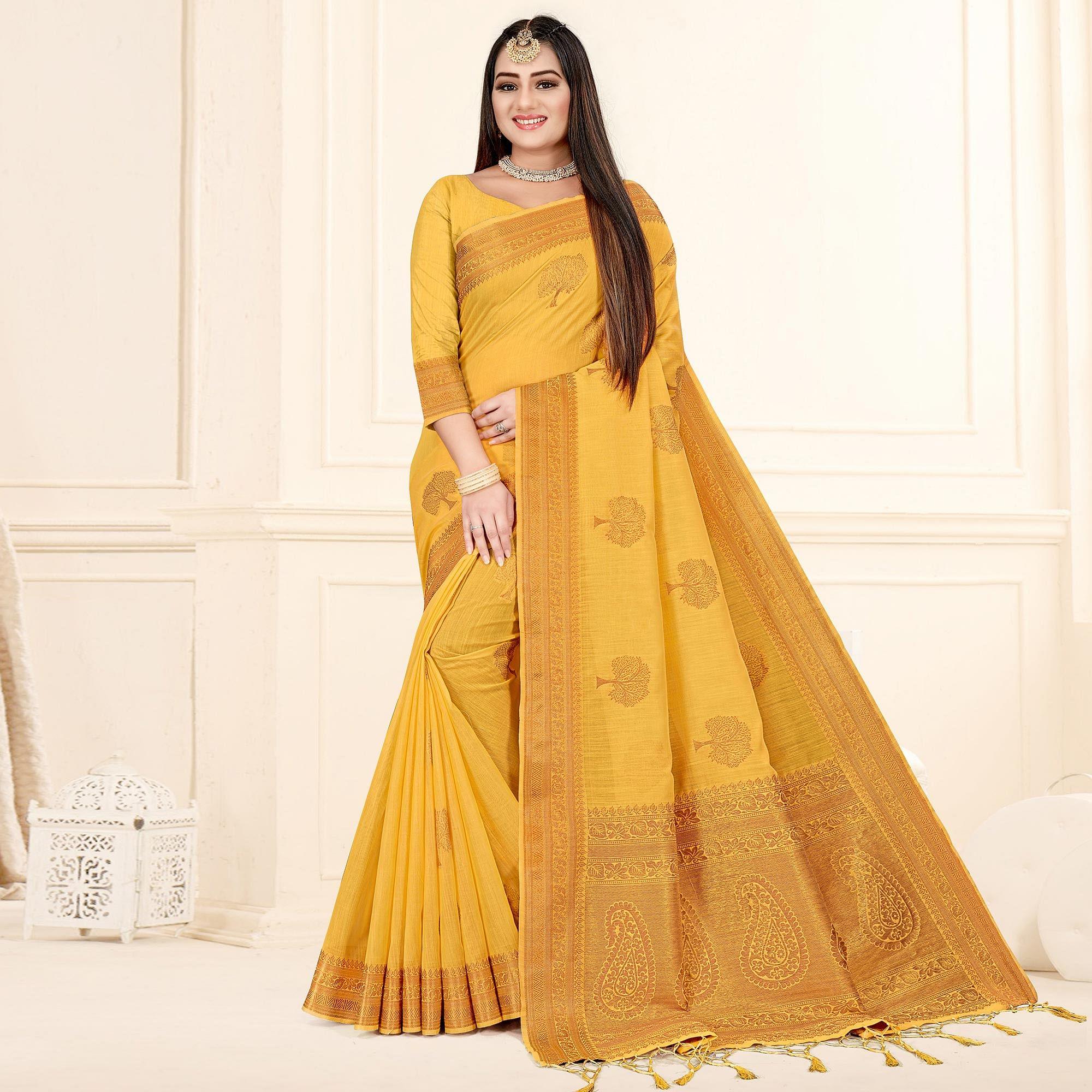 Yellow Woven Cotton Silk Saree - Peachmode