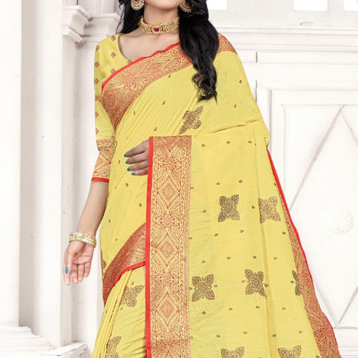 Yellow Woven Cotton Silk Saree - Peachmode