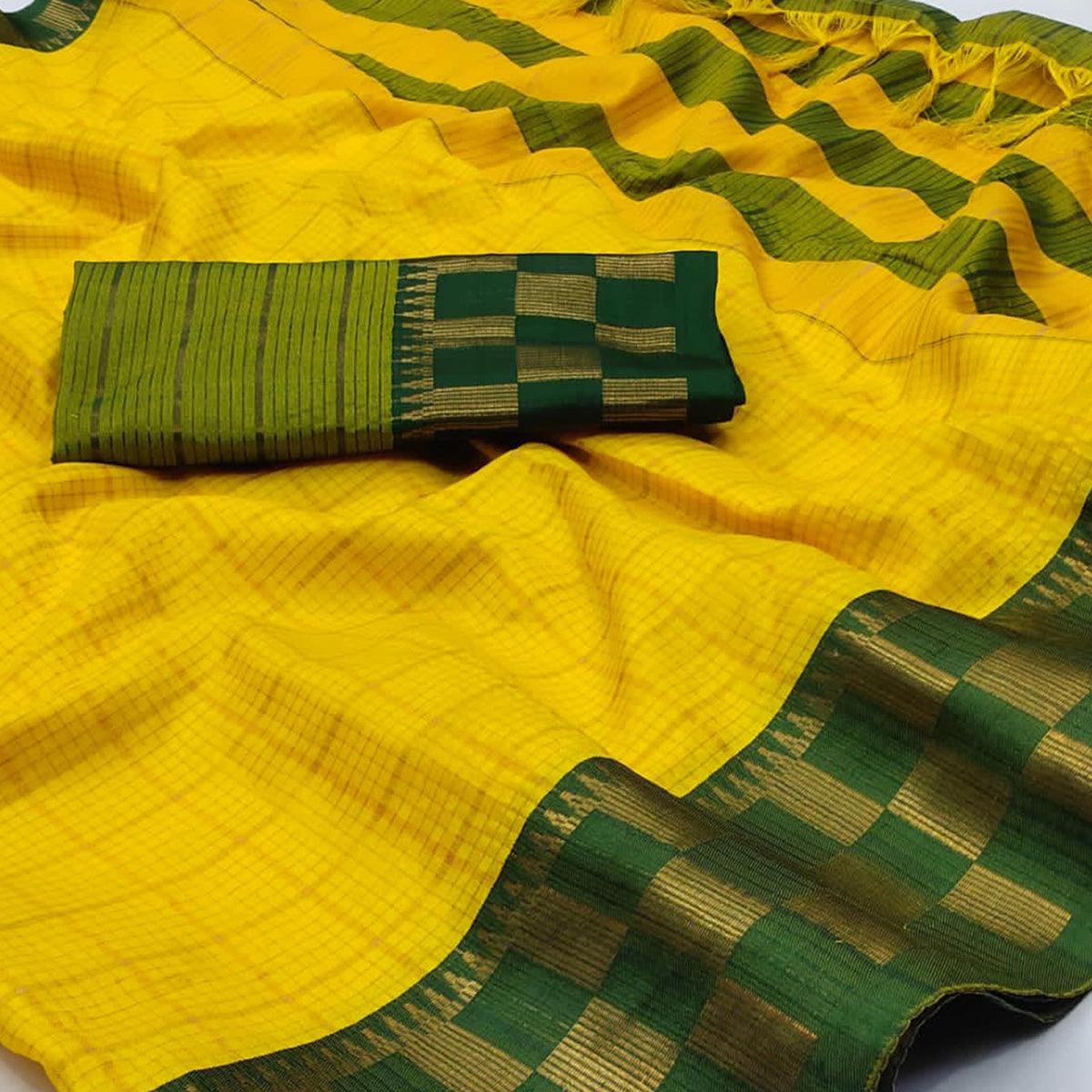 Yellow Woven Cotton Silk Saree - Peachmode